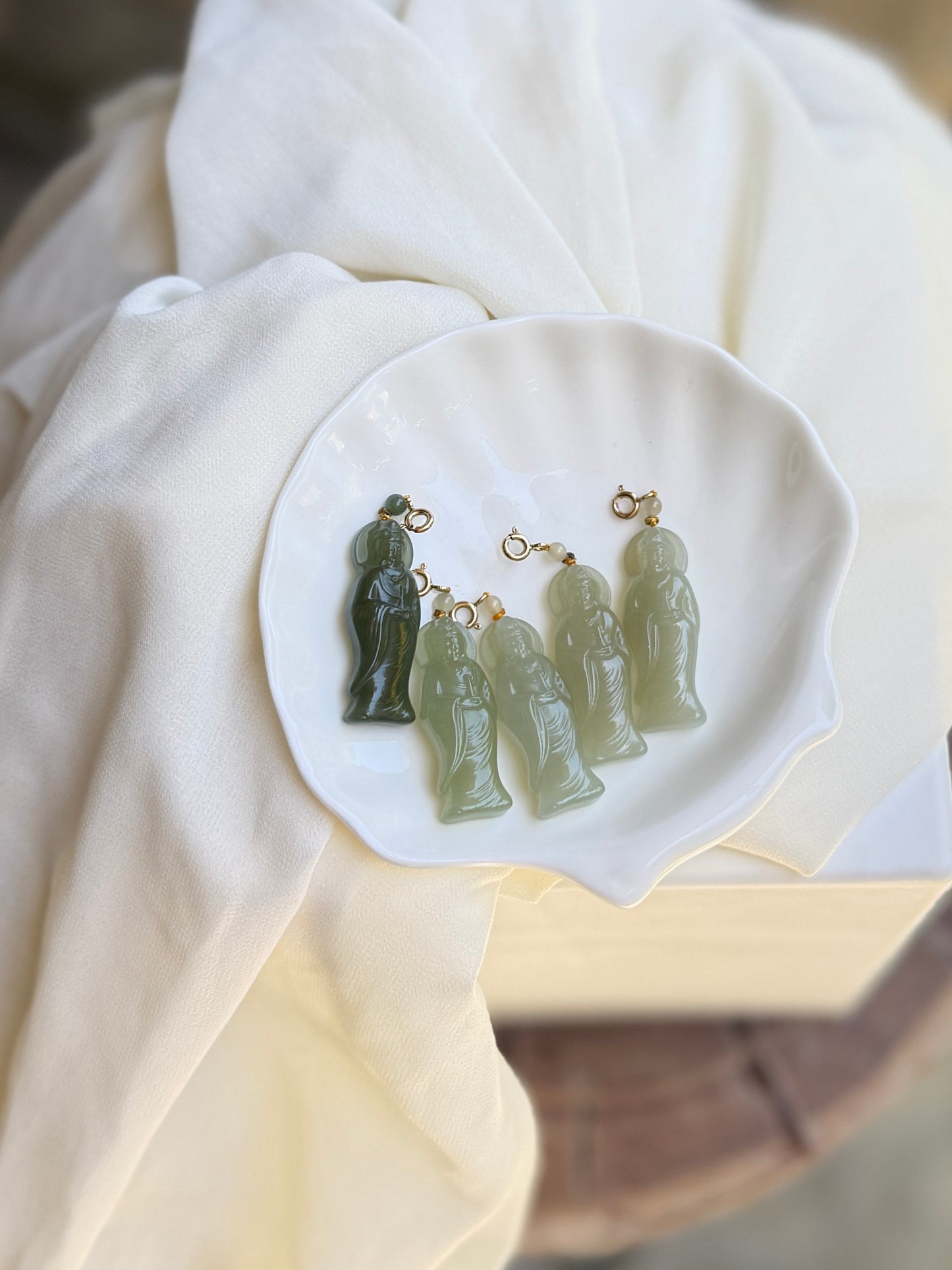 Natural Jade Guan Yin Pendant with 14K Gold Filled Clasp