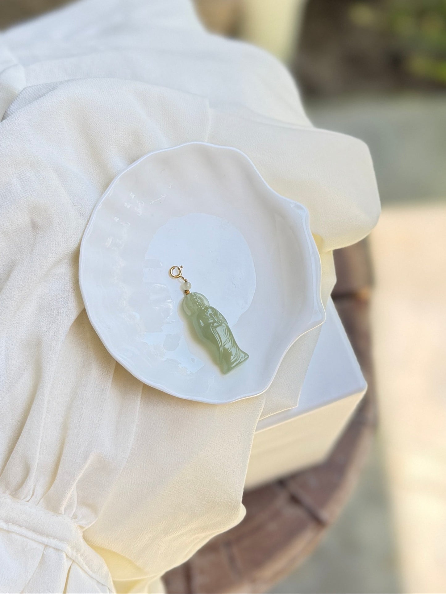 Natural Jade Guan Yin Pendant with 14K Gold Filled Clasp