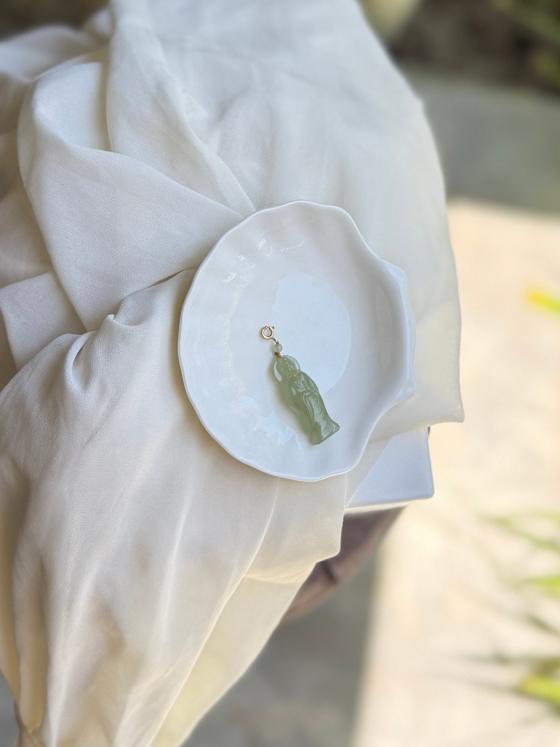 Natural Jade Guan Yin Pendant with 14K Gold Filled Clasp