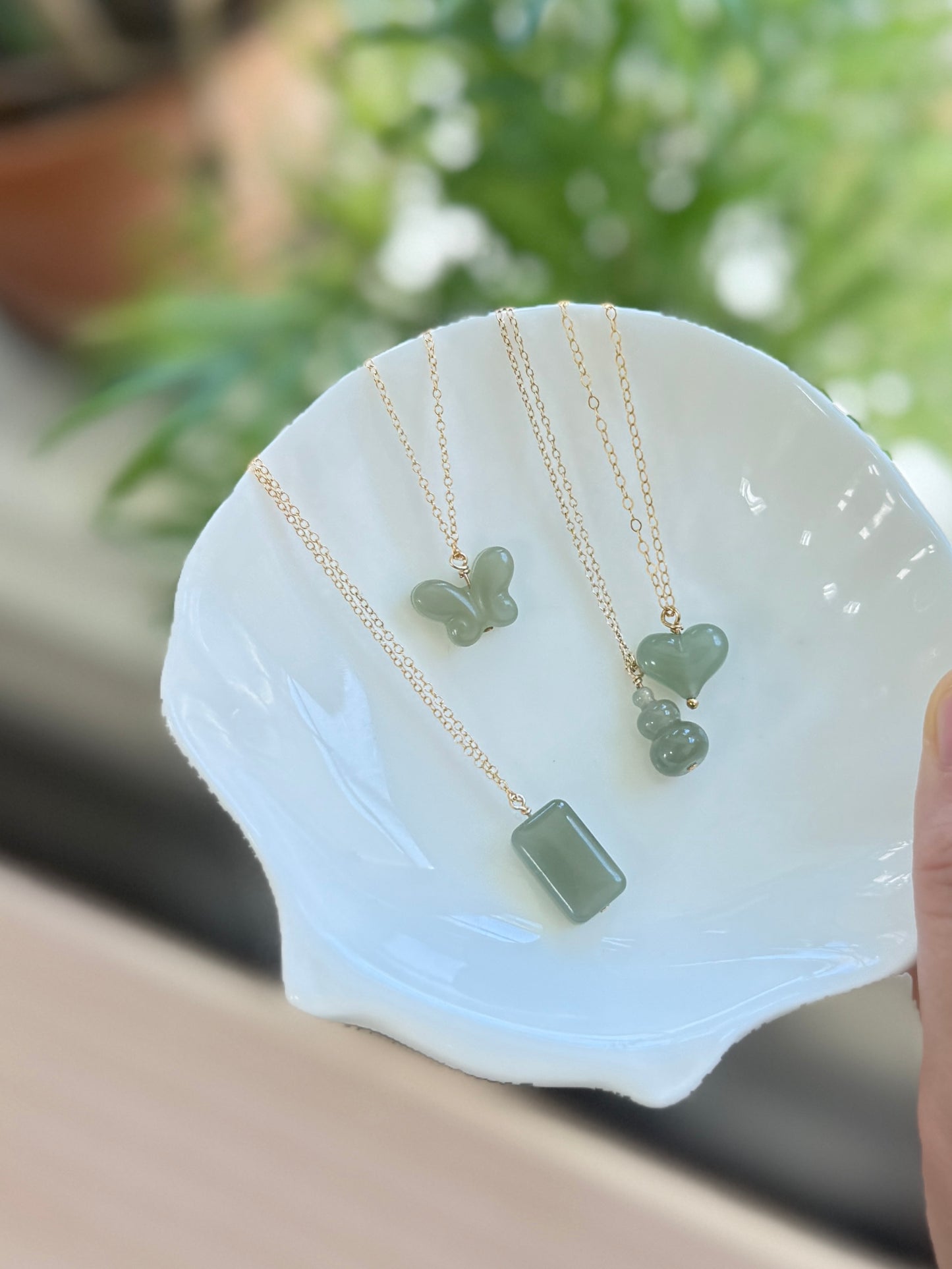 Natural Jade Pendant with Dainty Chain, Heart Gourd Butterfly Rectangle