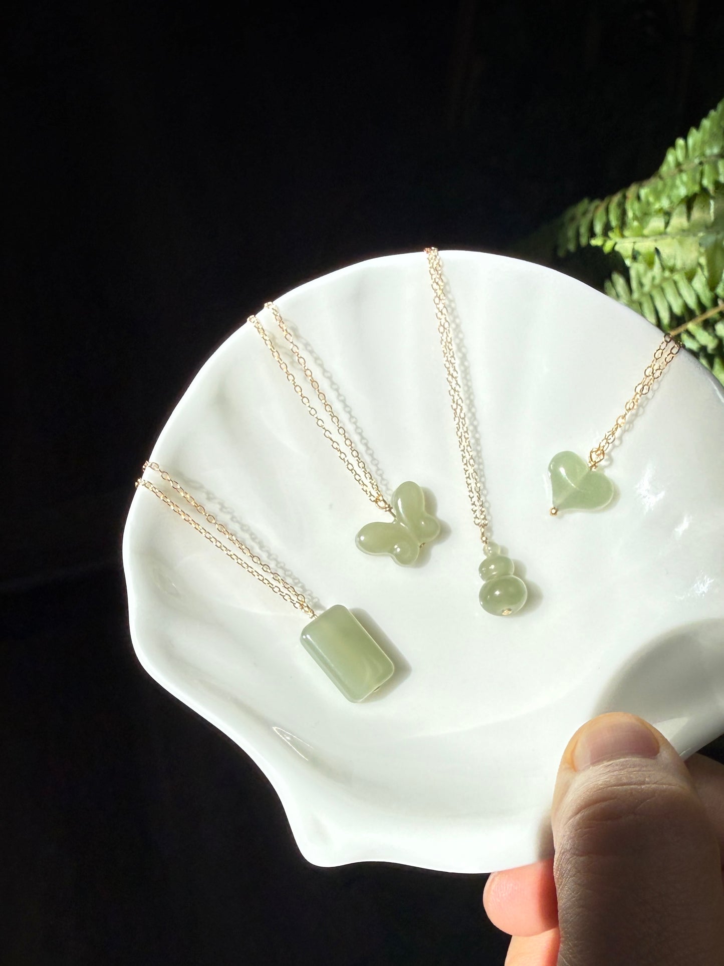 Natural Jade Pendant with Dainty Chain, Heart Gourd Butterfly Rectangle