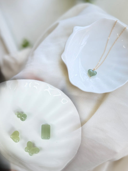Natural Jade Pendant with Dainty Chain, Heart Gourd Butterfly Rectangle