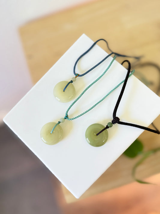 Natural Jade Large Donut Pendant with Rope Necklace