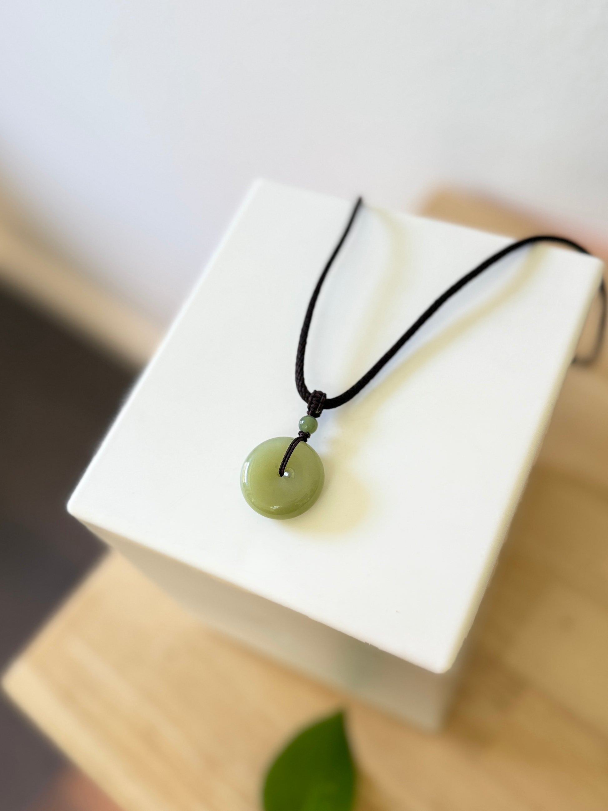 Natural Jade Large Donut Pendant with Rope Necklace