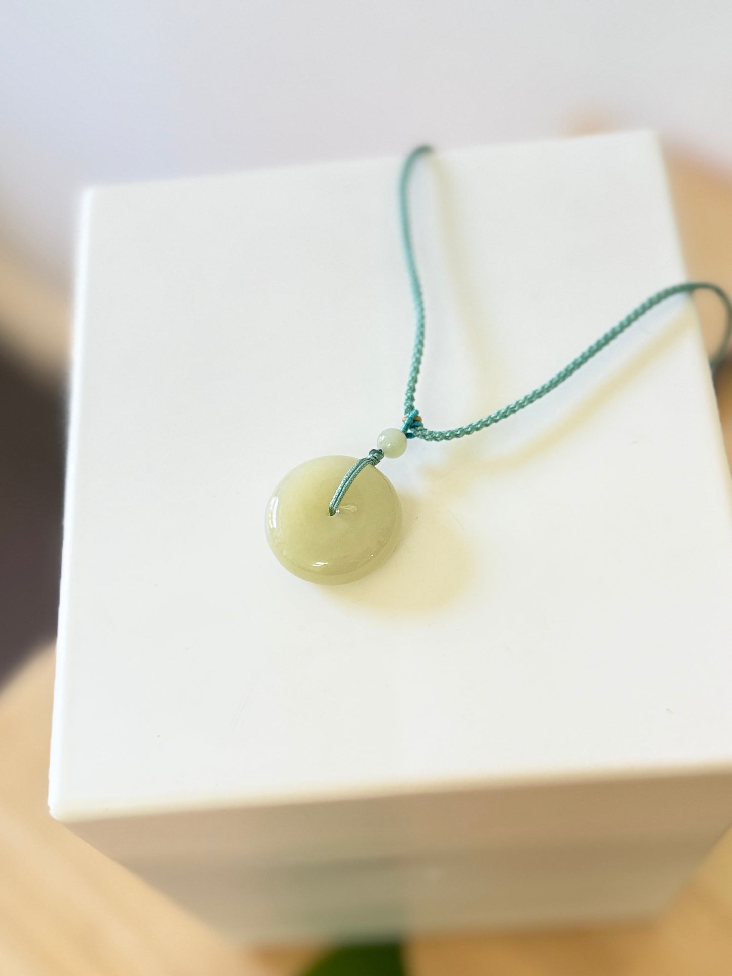 Natural Green Jade Donut Pendant with Adjustable Braided Cord Necklace