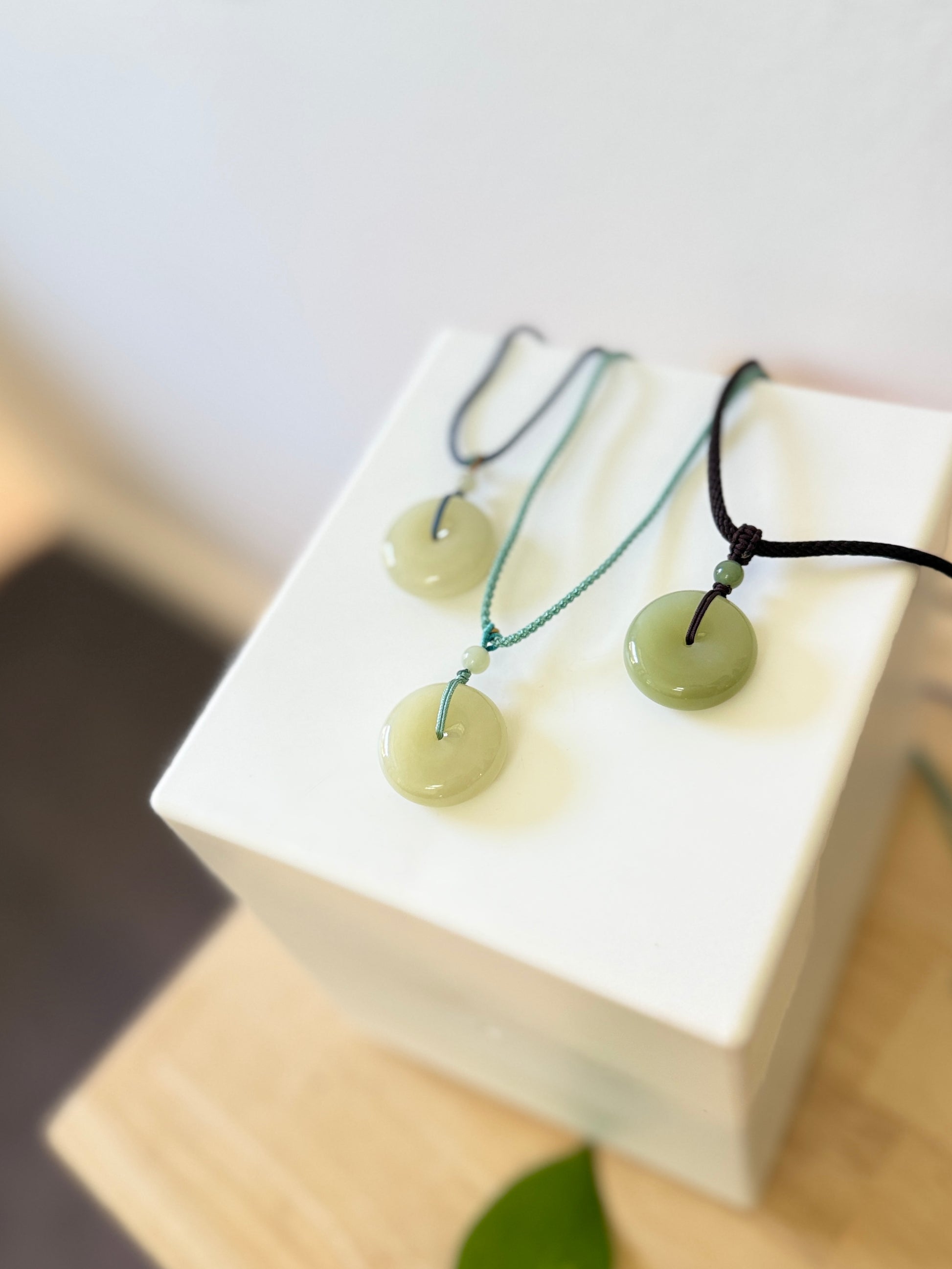 Natural Jade Large Donut Pendant with Rope Necklace
