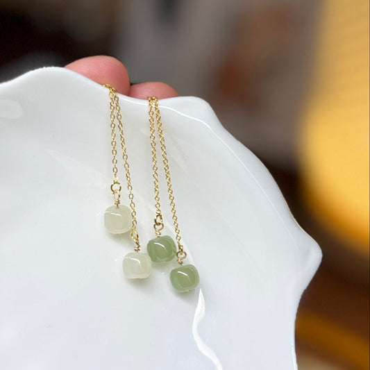 Natural Jade Long Drop Earrings, Light Green Natural Jade Bead Drop Earrings, Genuine Nephrite Beads Tassel Earrings, Jade Long Threader 2