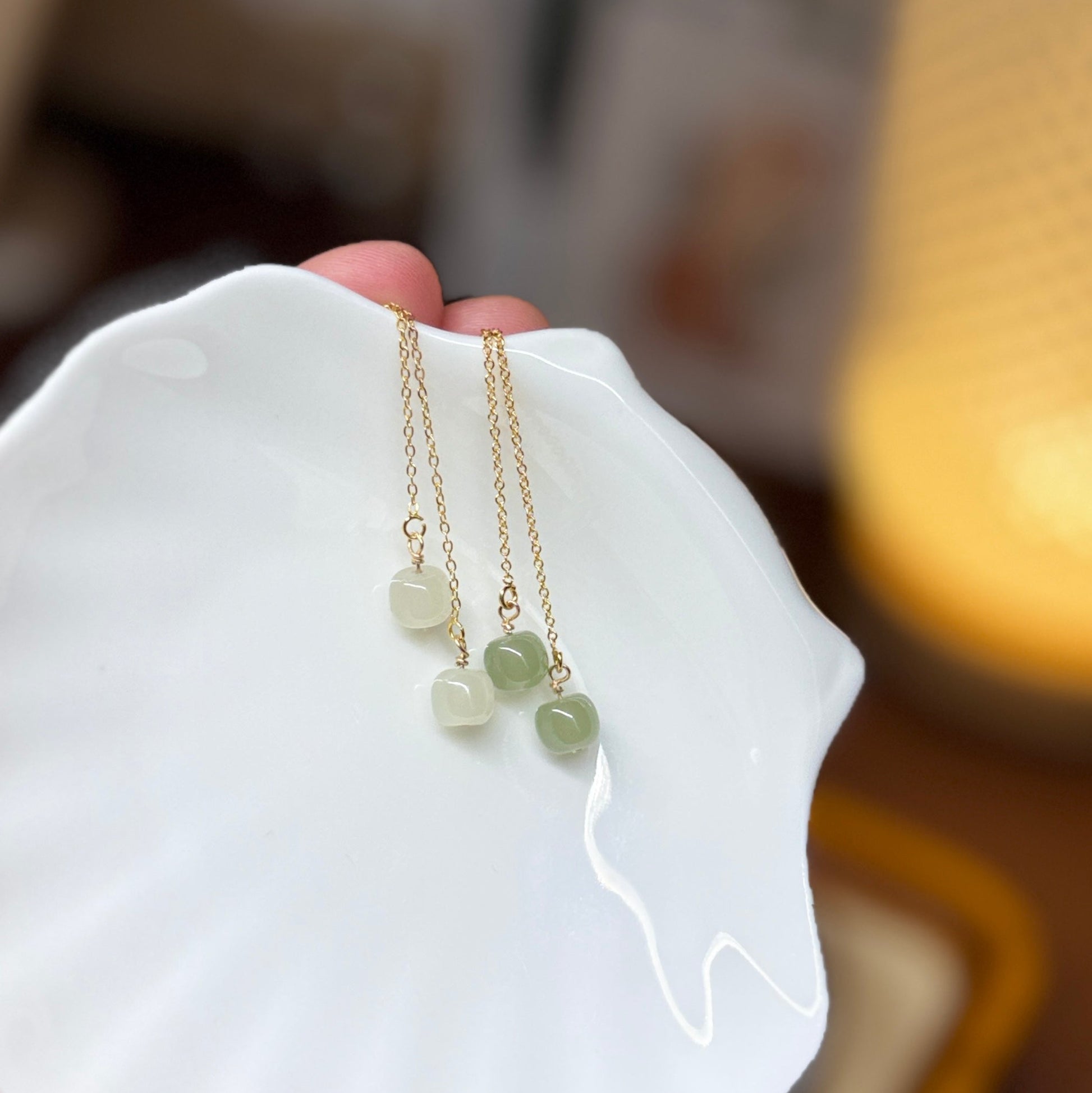 Natural Jade Long Drop Earrings, Light Green Natural Jade Bead Drop Earrings, Genuine Nephrite Beads Tassel Earrings, Jade Long Threader