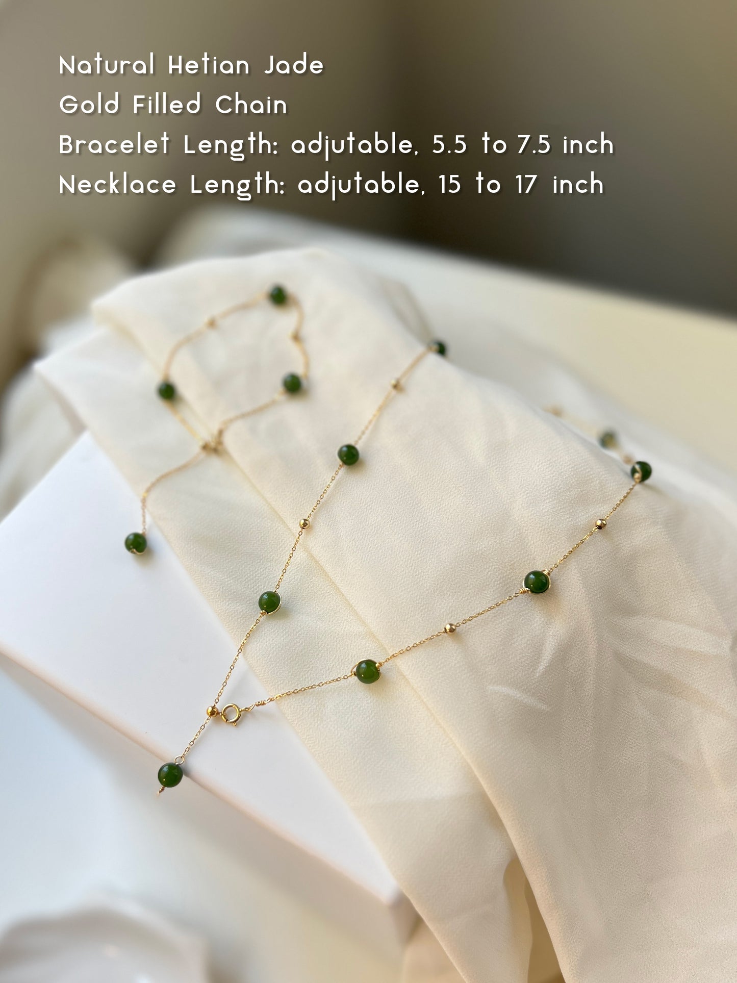 Natural Jade Satellite Necklace Bracelet Set with Dainty 14K Gold Filled Chain