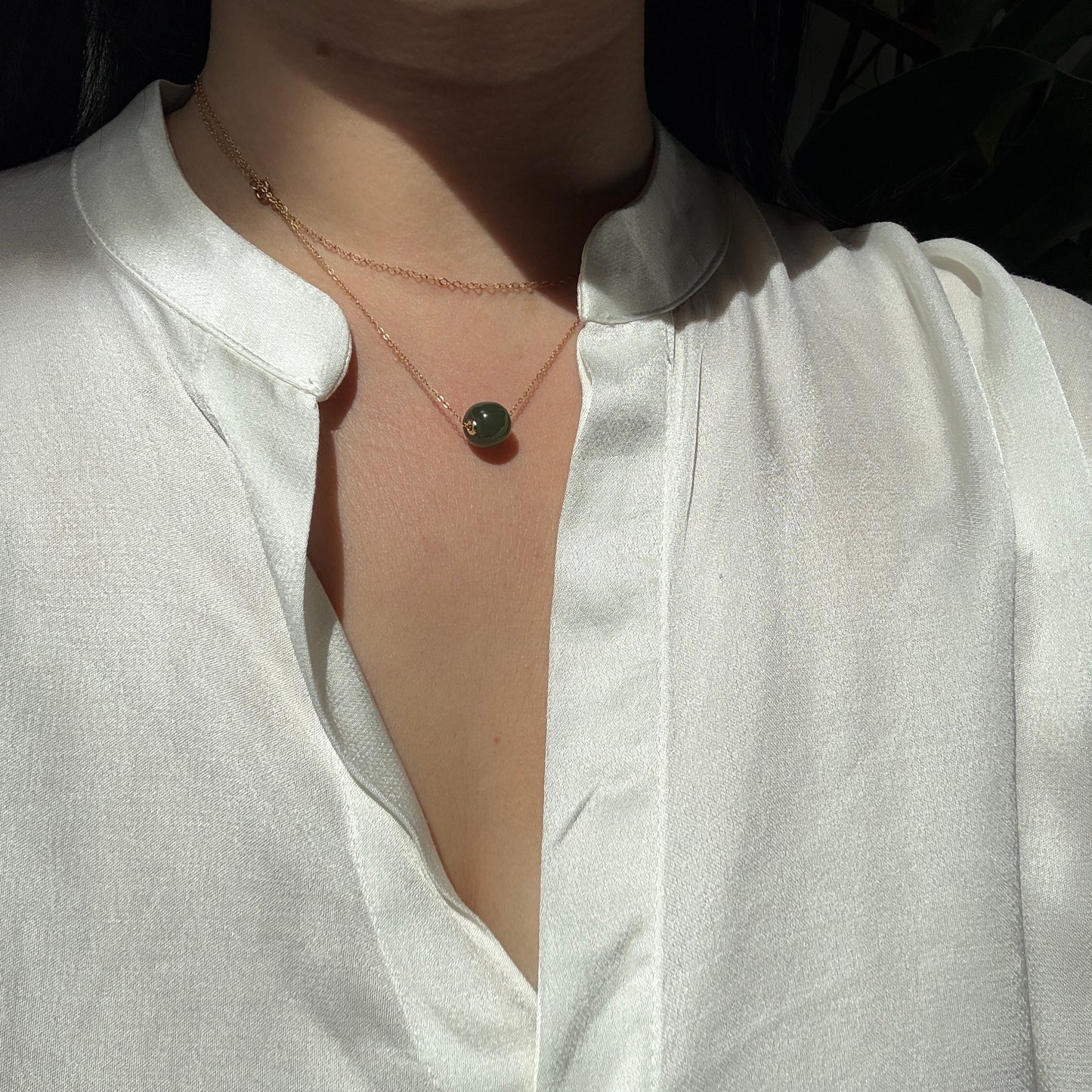 18K Gold Natural Jade Pendant, Single Nephrite Jade Bead