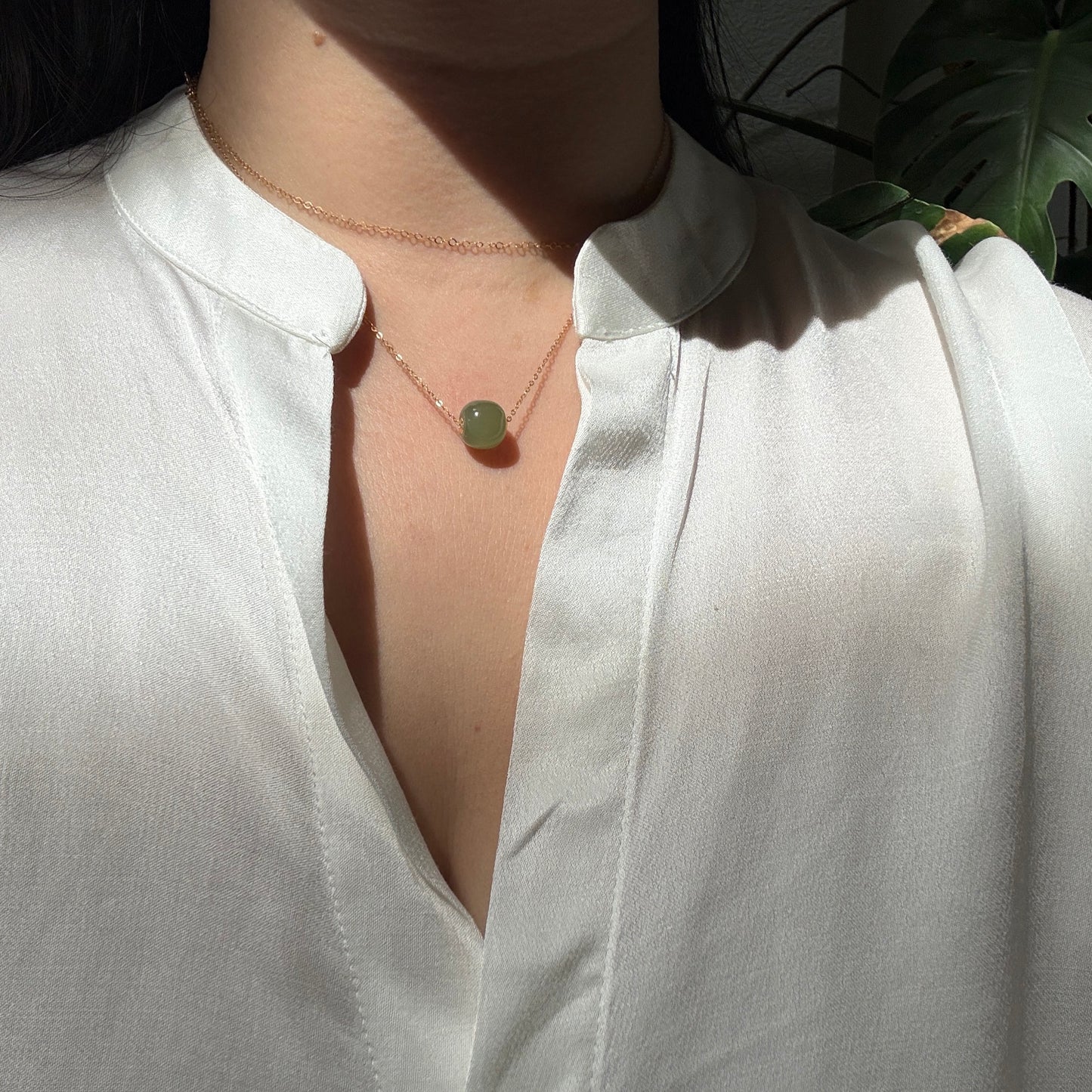 18K Gold Natural Jade Pendant, Single Nephrite Jade Bead