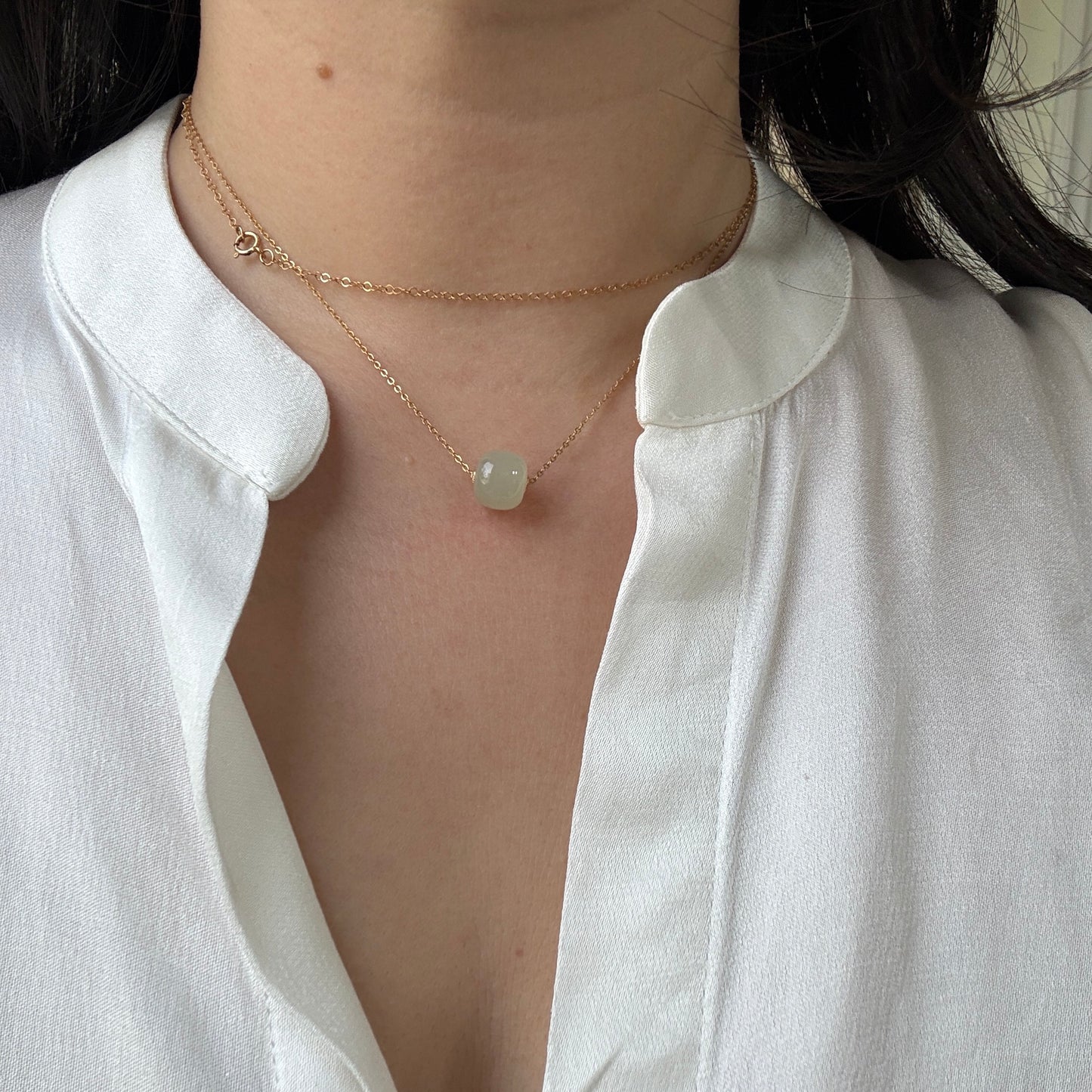 18K Gold Natural Jade Pendant, Single Nephrite Jade Bead