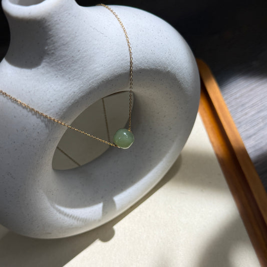 18K Gold Natural Jade Pendant, Single Nephrite Jade Bead