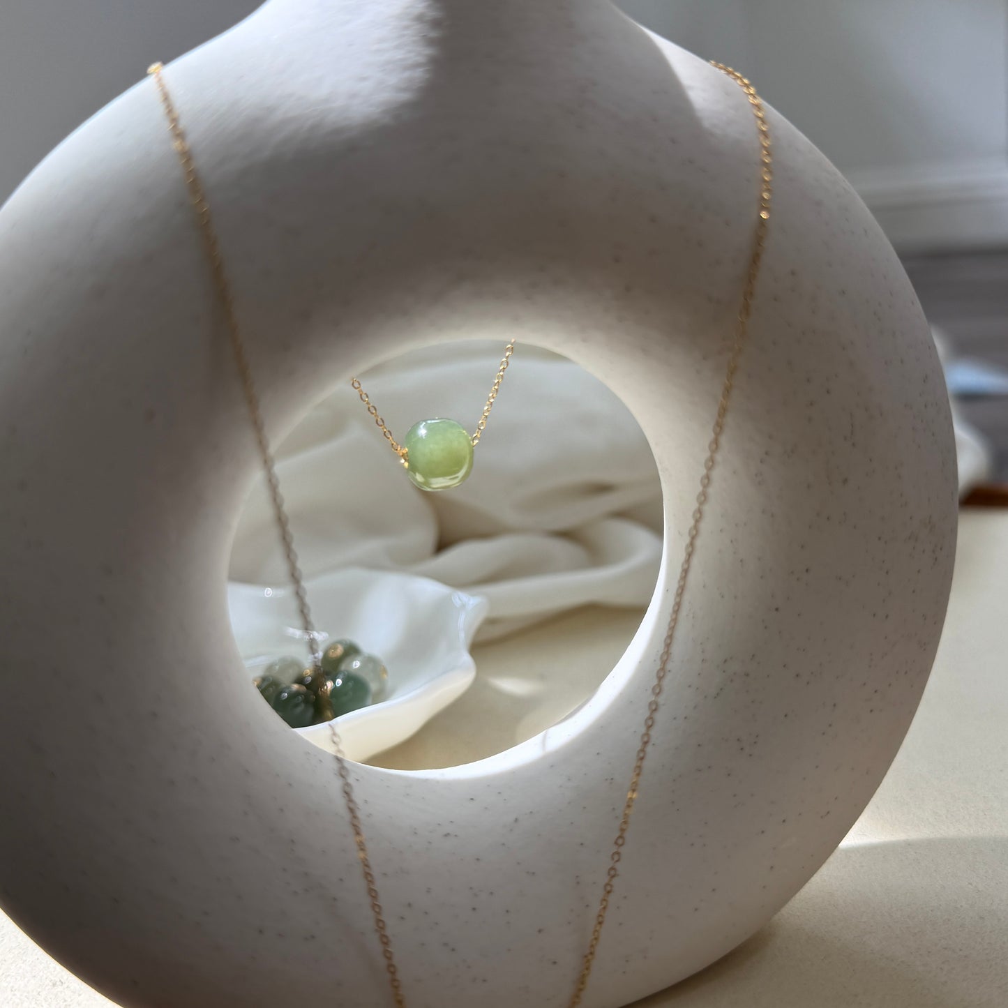 18K Gold Natural Jade Pendant, Single Nephrite Jade Bead