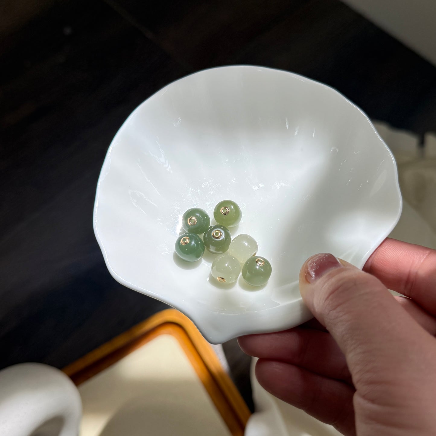 18K Gold Natural Jade Pendant, Single Nephrite Jade Bead