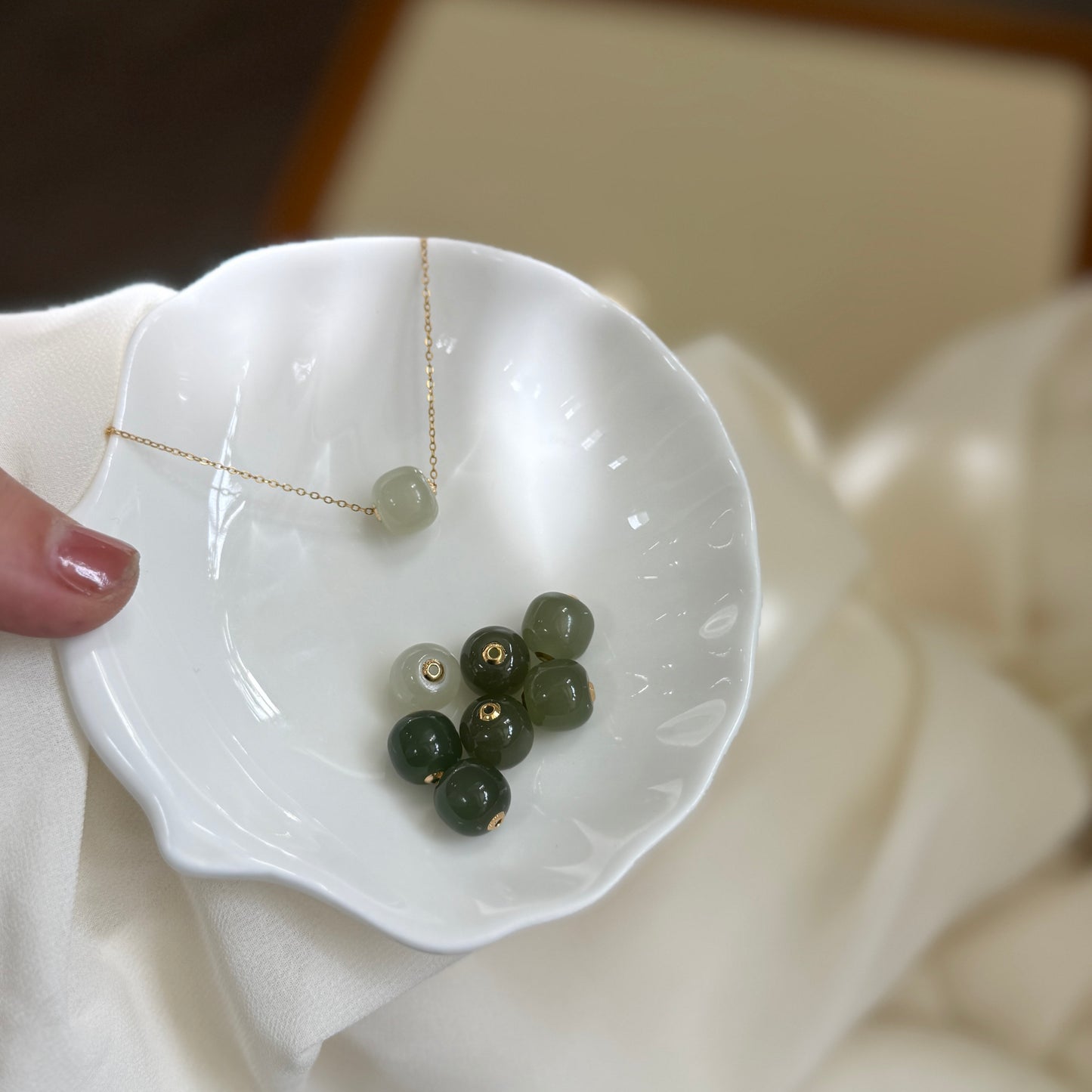 18K Gold Natural Jade Pendant, Single Nephrite Jade Bead