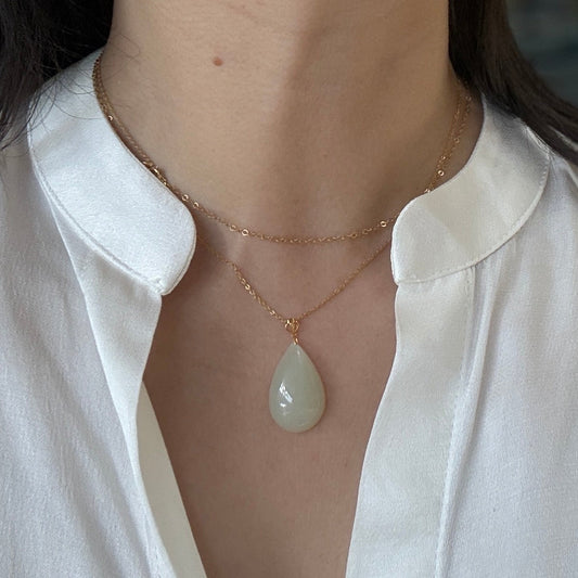 Natural Water Drop Jade Pendant with Dainty Chain,  Hetian Nephrite Necklace