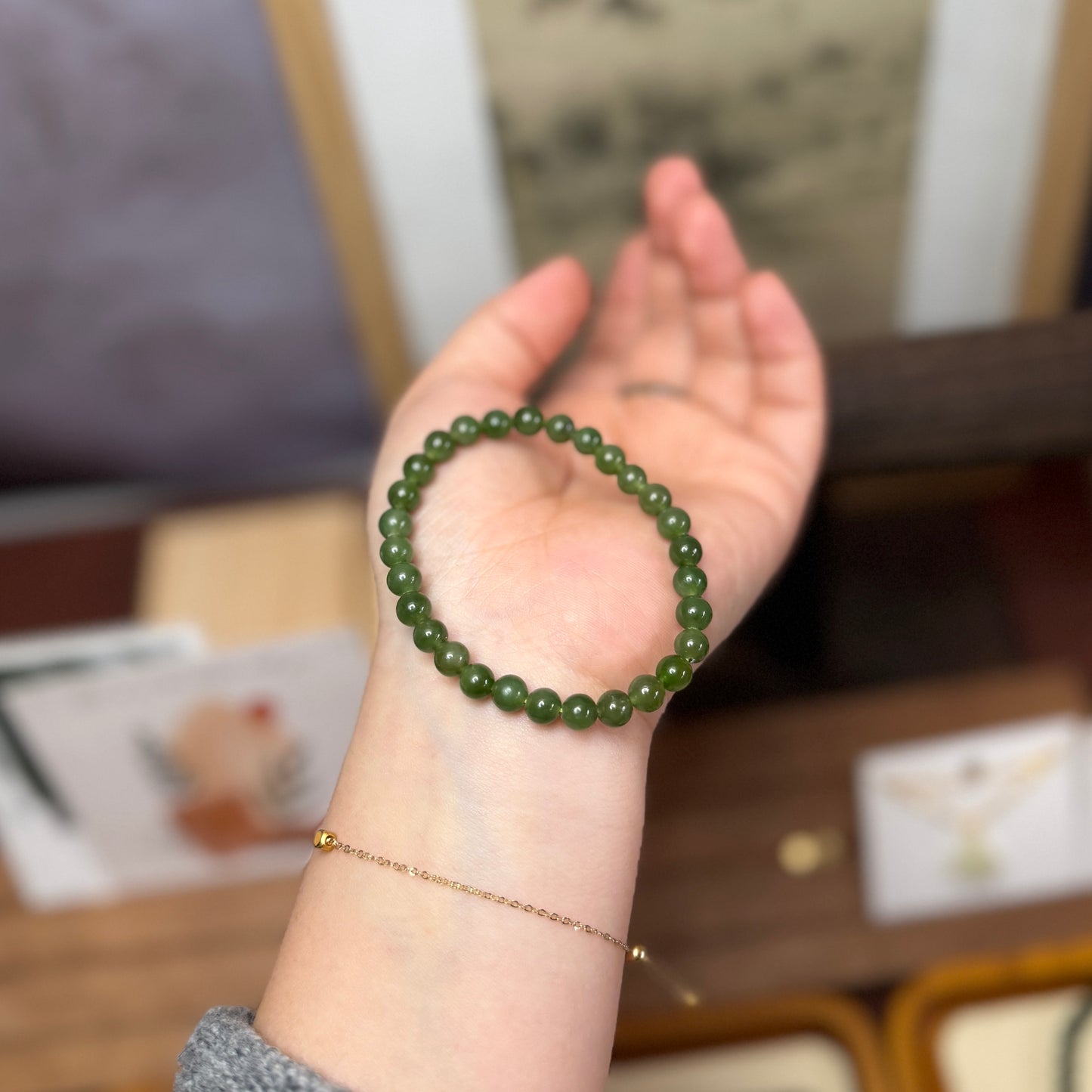 Natural Green Jade Beaded Bracelet