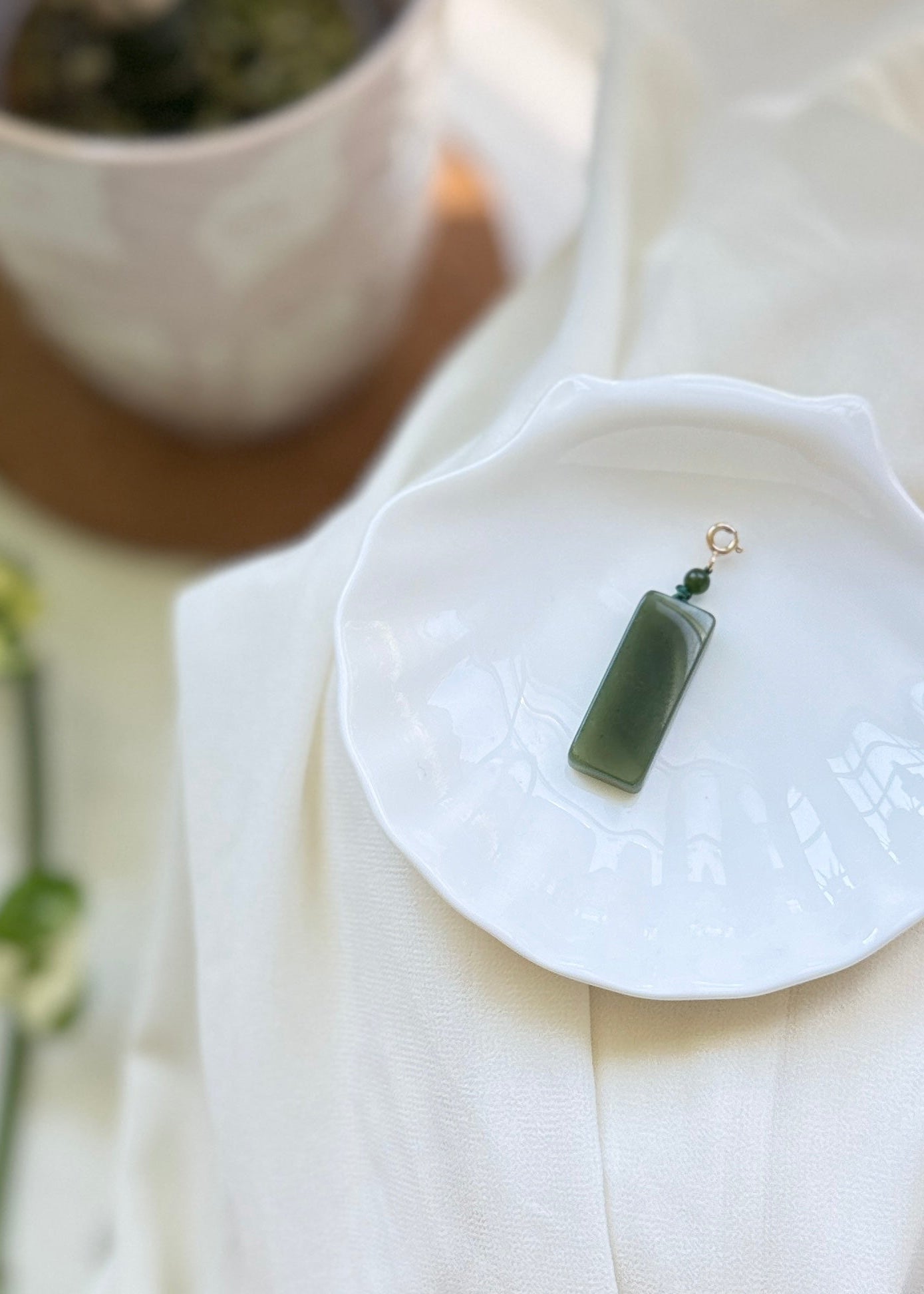 Natural Rectangle Jade Pendant with 14K Gold Filled Clasp,  Hetian Nephrite Pendant