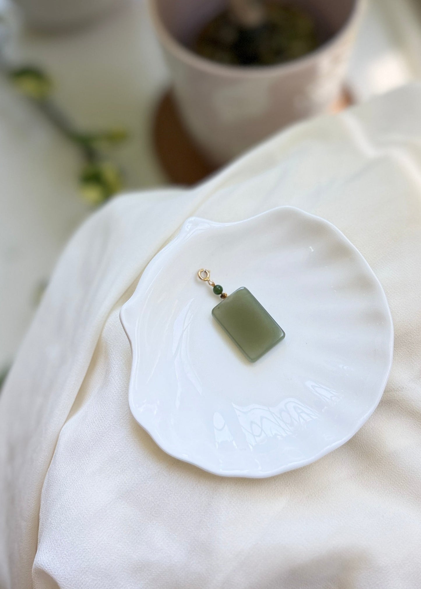 Natural Rectangle Jade Pendant with 14K Gold Filled Clasp,  Hetian Nephrite Pendant