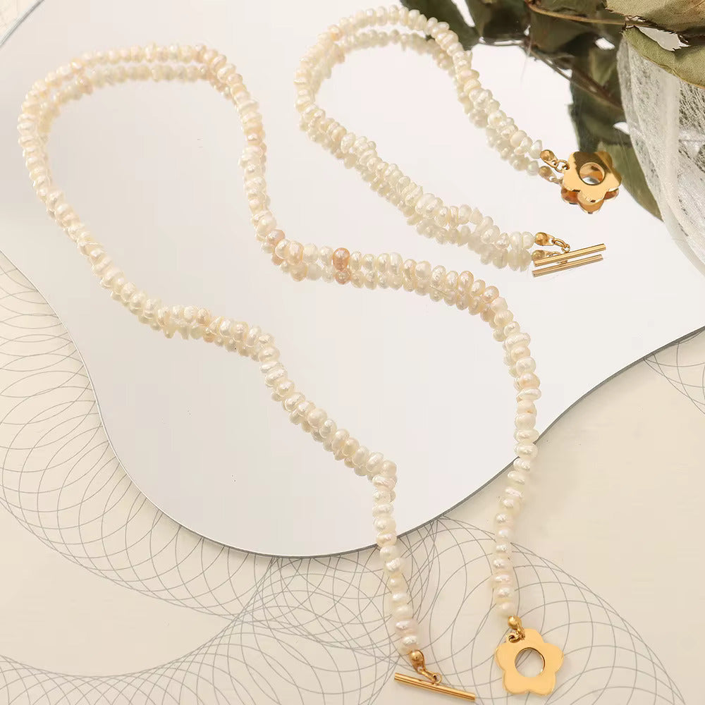 Natural White Freshwater Pearl Bracelet with 18k Gold Plated Stainless Steel Flower Toggle Clasp, Small Size Pearls of Irregular Shape Beads 33