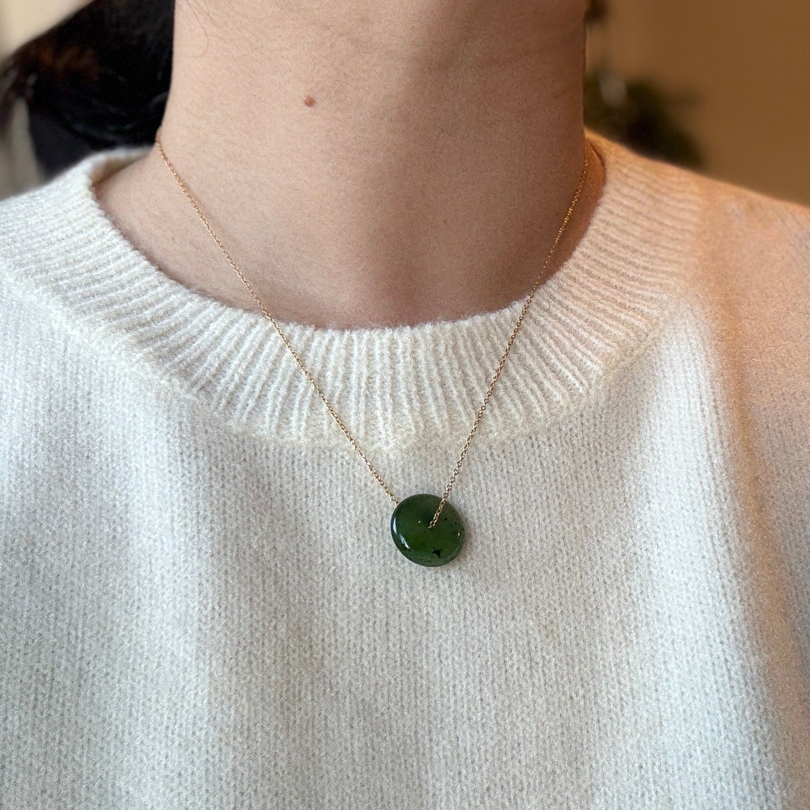 Natural jade Necklace, Hetian Pendant Necklace, Dainty Jade Necklace, Dark Green Jade Donut Necklace, Nephrite Pendant, Jade Gold jewelry