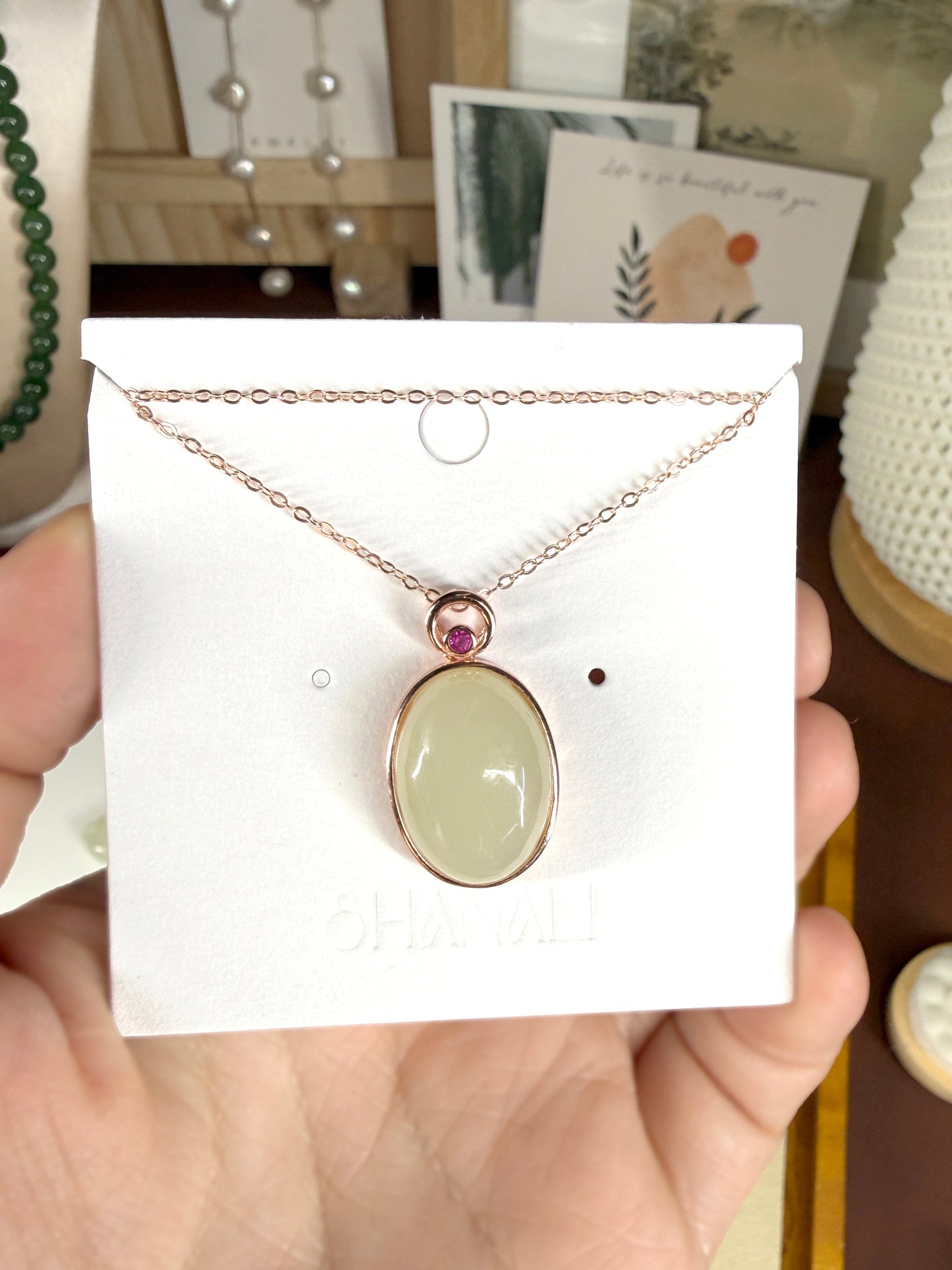 Oval White Green Jade Pendant Necklace with Dainty Chain