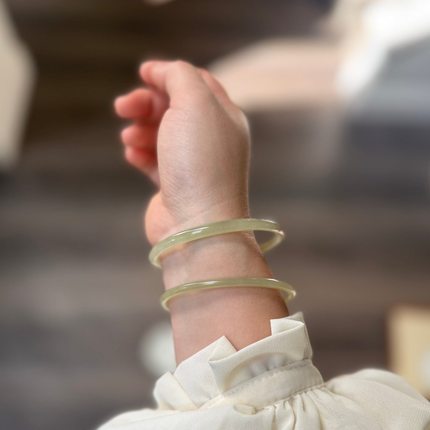 Skinny Natural Jade Bangle, White Green color Jade Bangle 51
