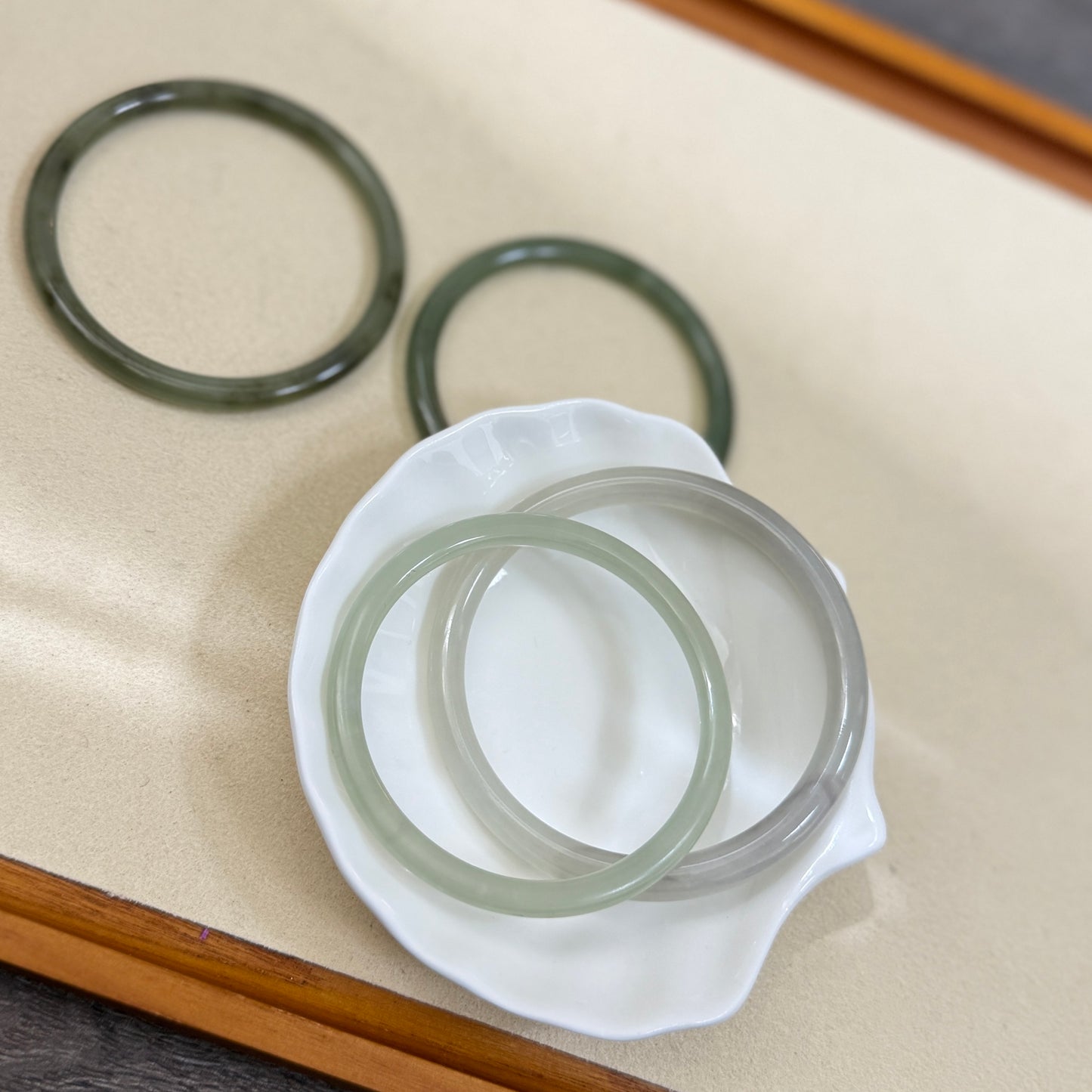 Skinny Natural Jade Bangle, White Green color Jade Bangle