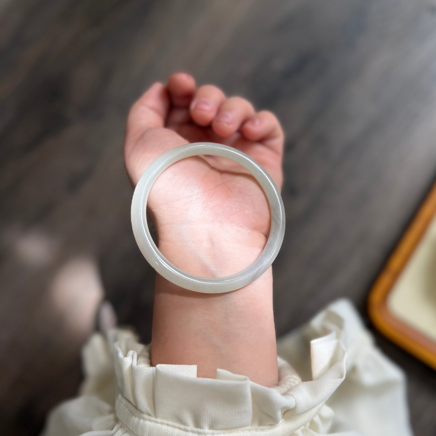 Skinny Natural Jade Bangle, White Green color Jade Bangle