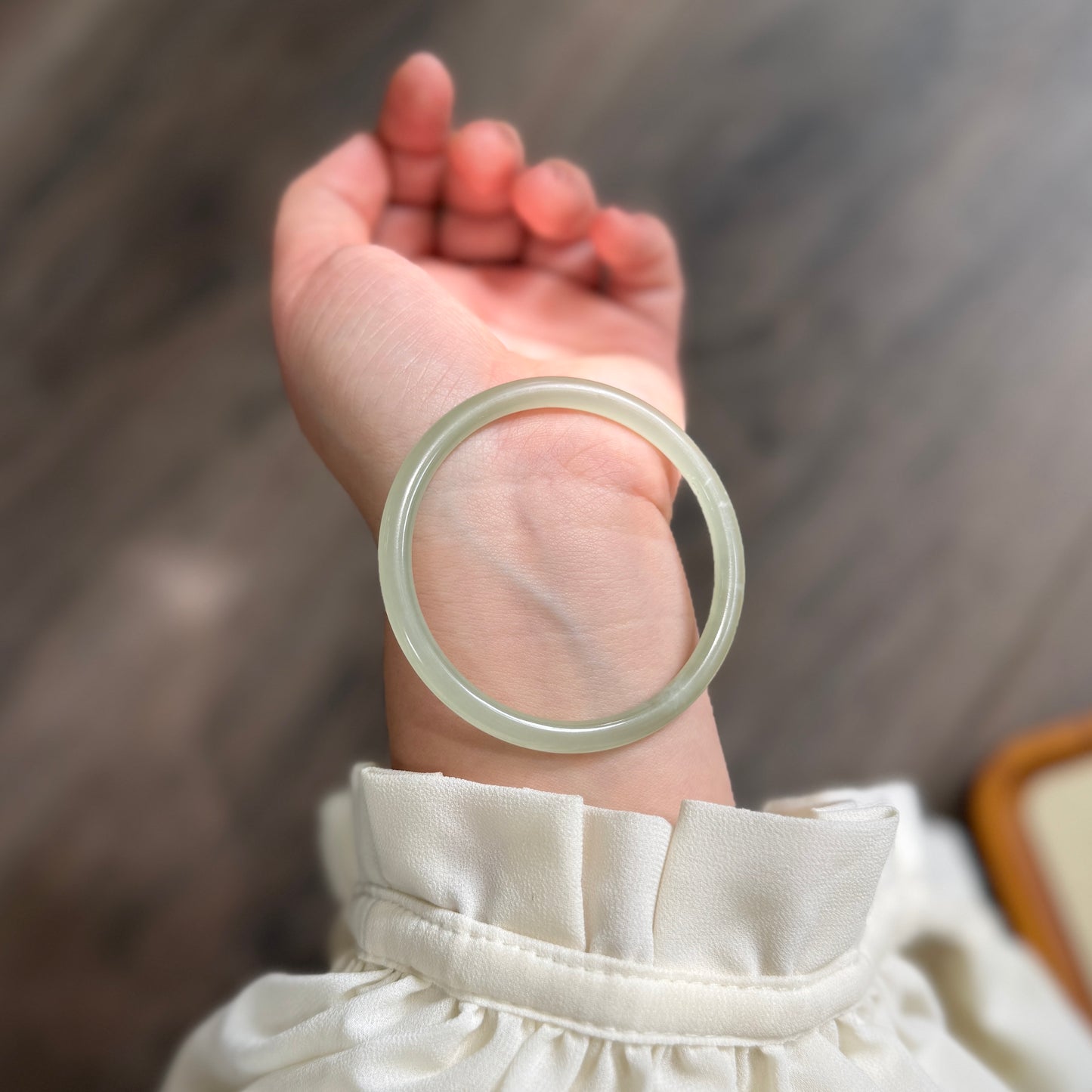 Skinny Natural Jade Bangle, White Green color Jade Bangle
