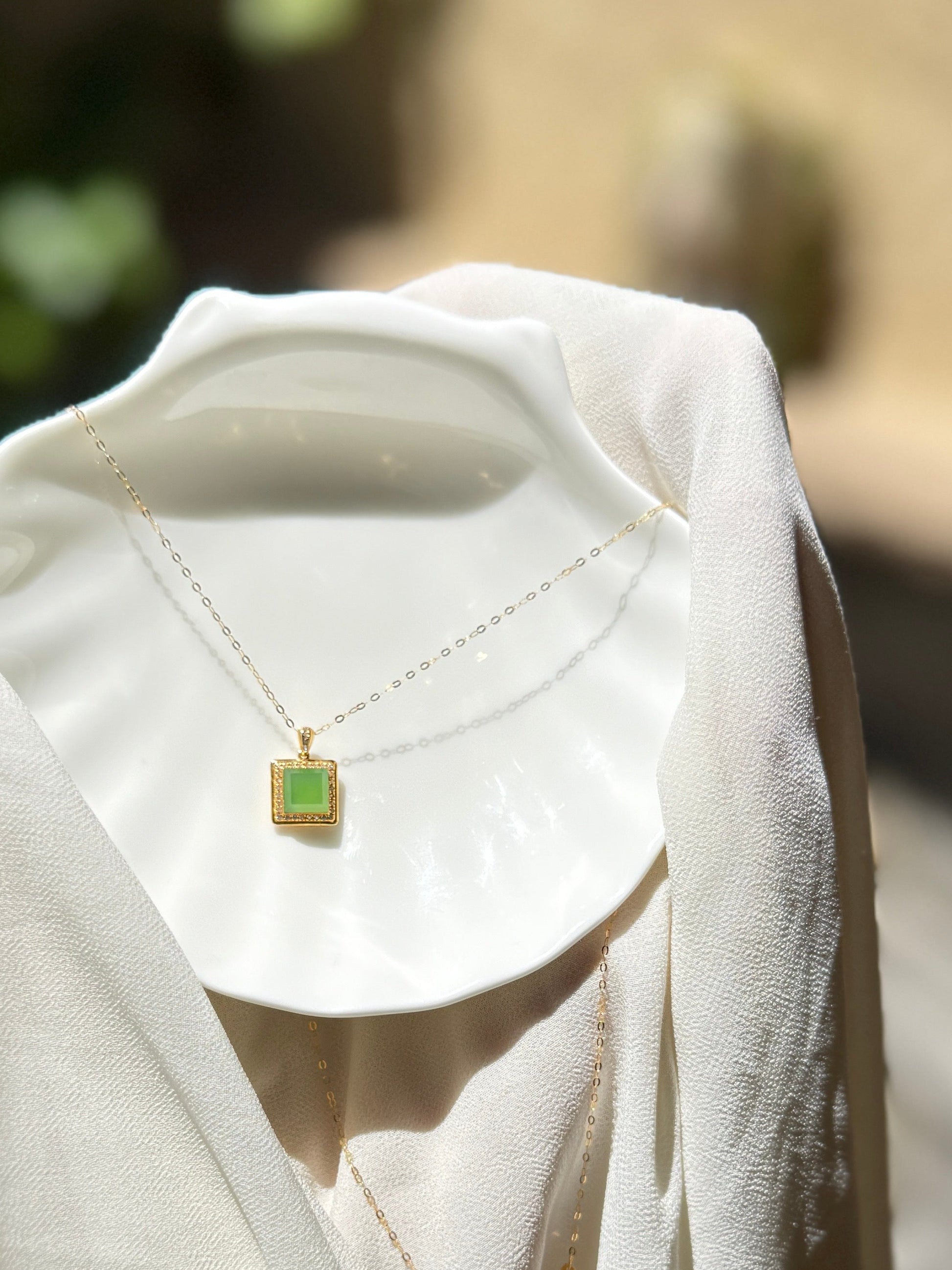 Tiny Square Genuine Jade with 18K Gold Inlaid