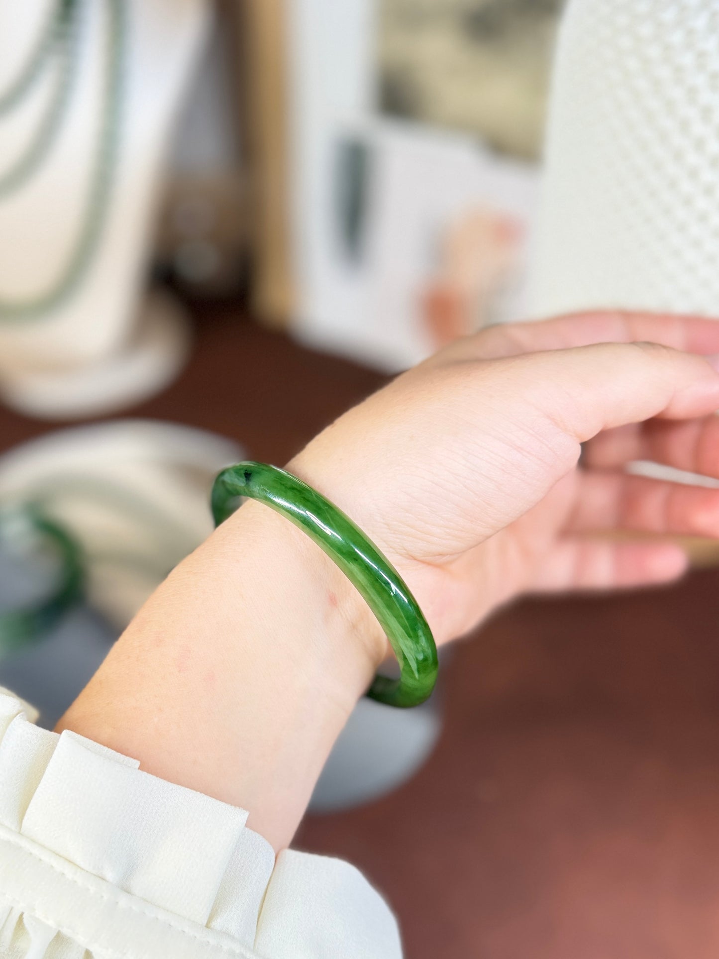 Very Green Narrow Natural Jade Bangle, Authentic Nephrite Bangle