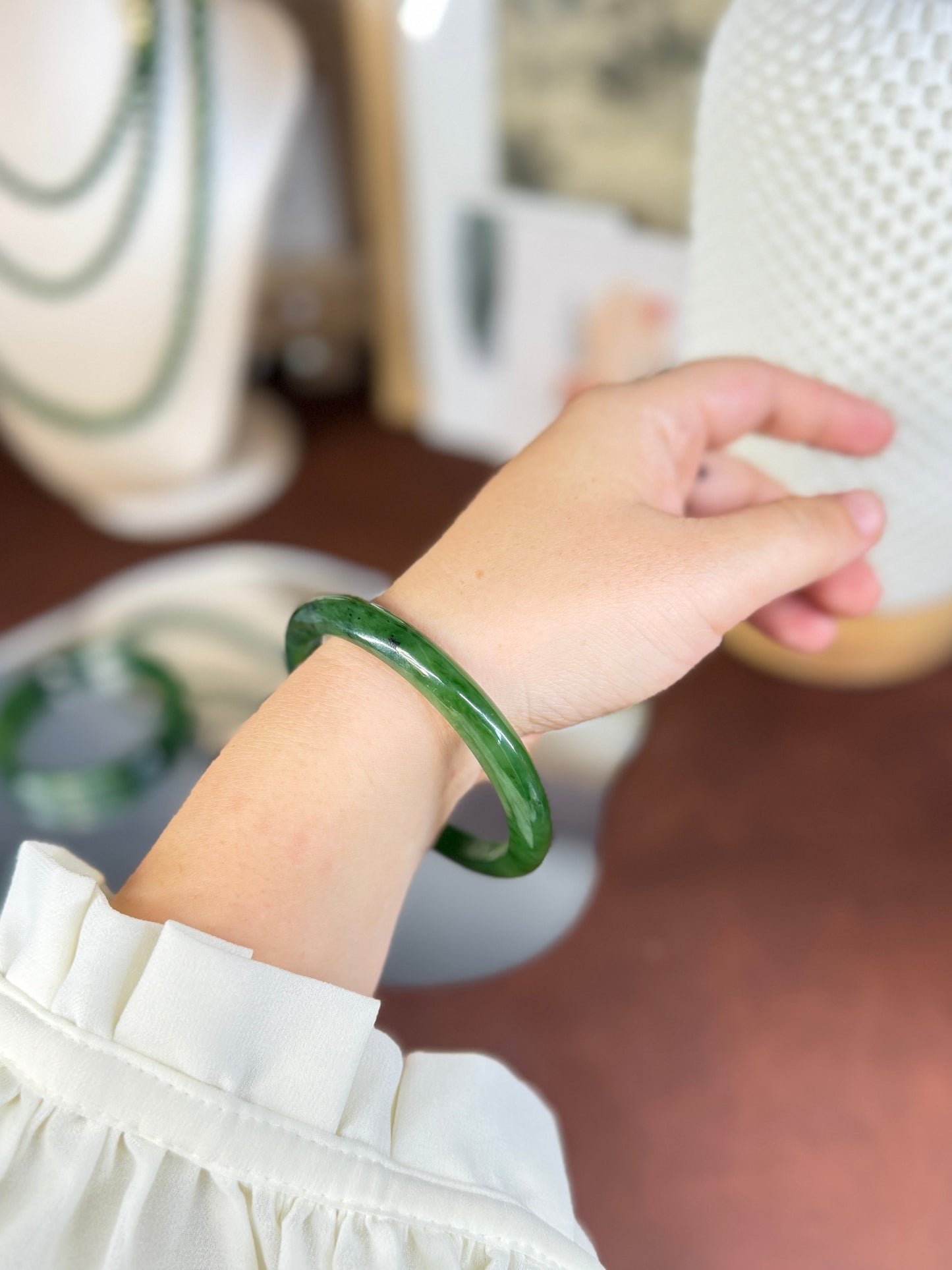 Very Green Narrow Natural Jade Bangle, Authentic Nephrite Bangle