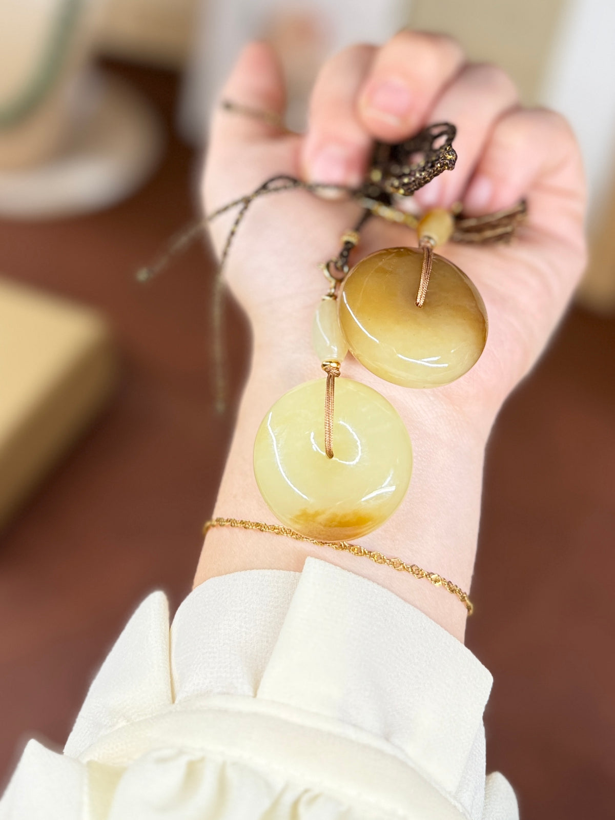 Yellow Natural Jade Donut Pendant Necklace