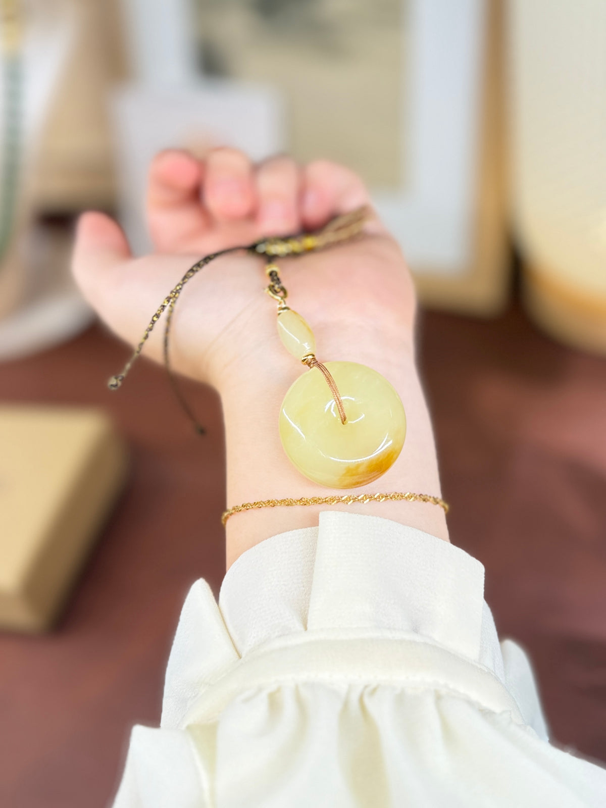Yellow Natural Jade Donut Pendant Necklace