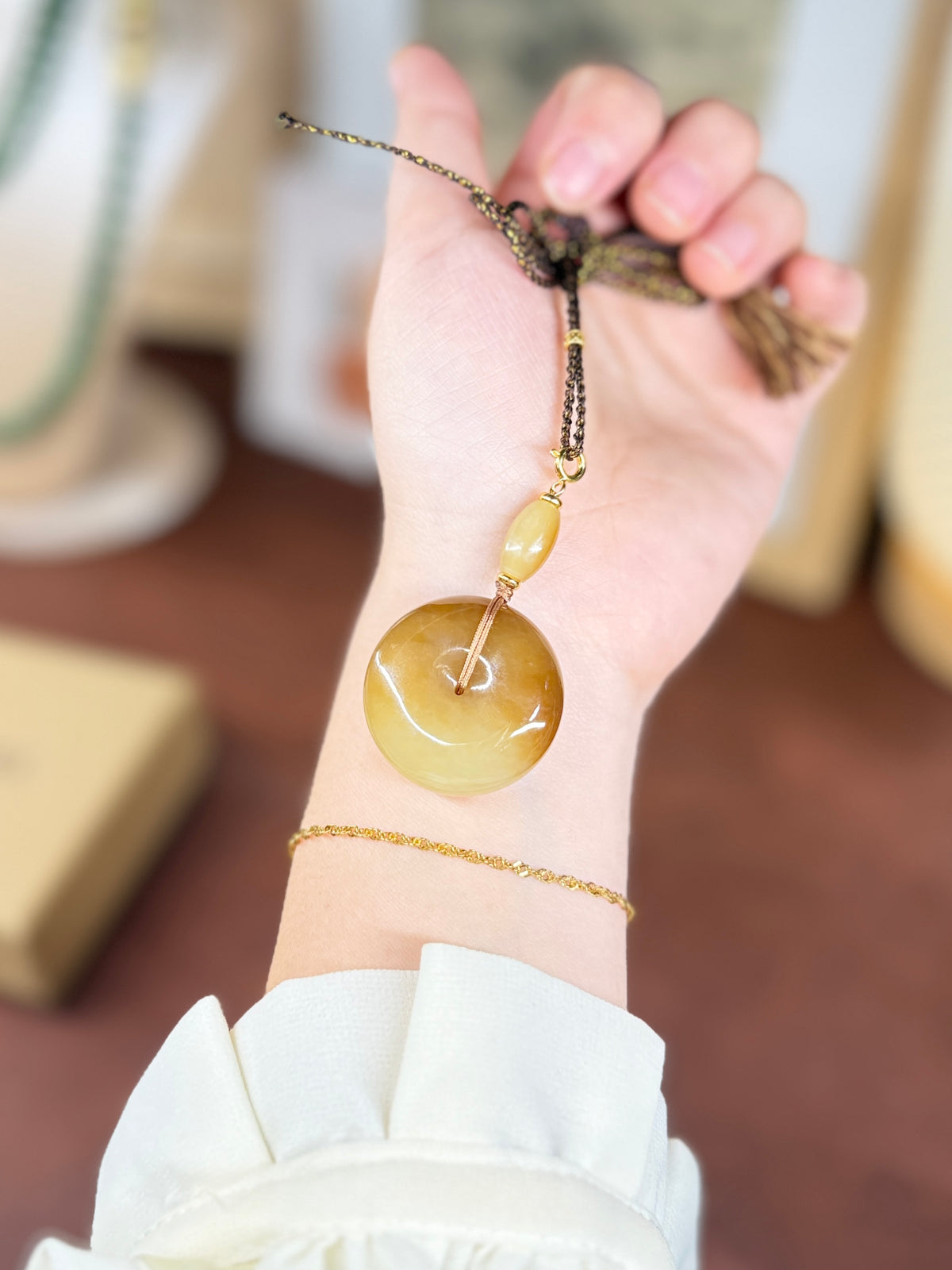 Yellow Natural Jade Donut Pendant Necklace
