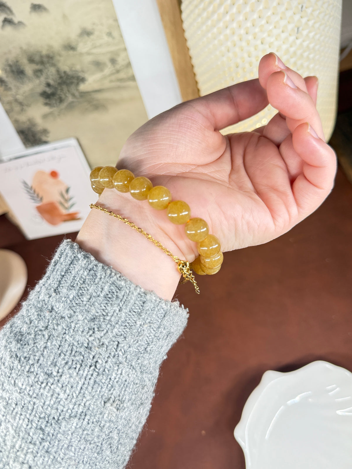 Yellow Sugar Jade Beaded Bracelet, Authentic Nephrite Jade