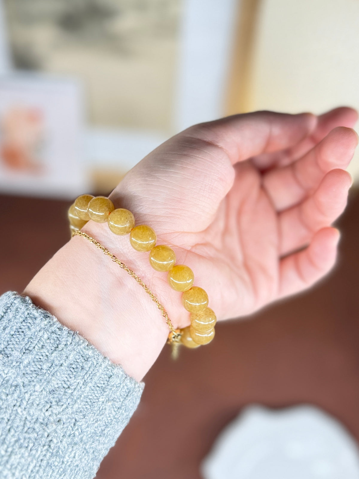 Yellow Sugar Jade Beaded Bracelet, Authentic Nephrite Jade