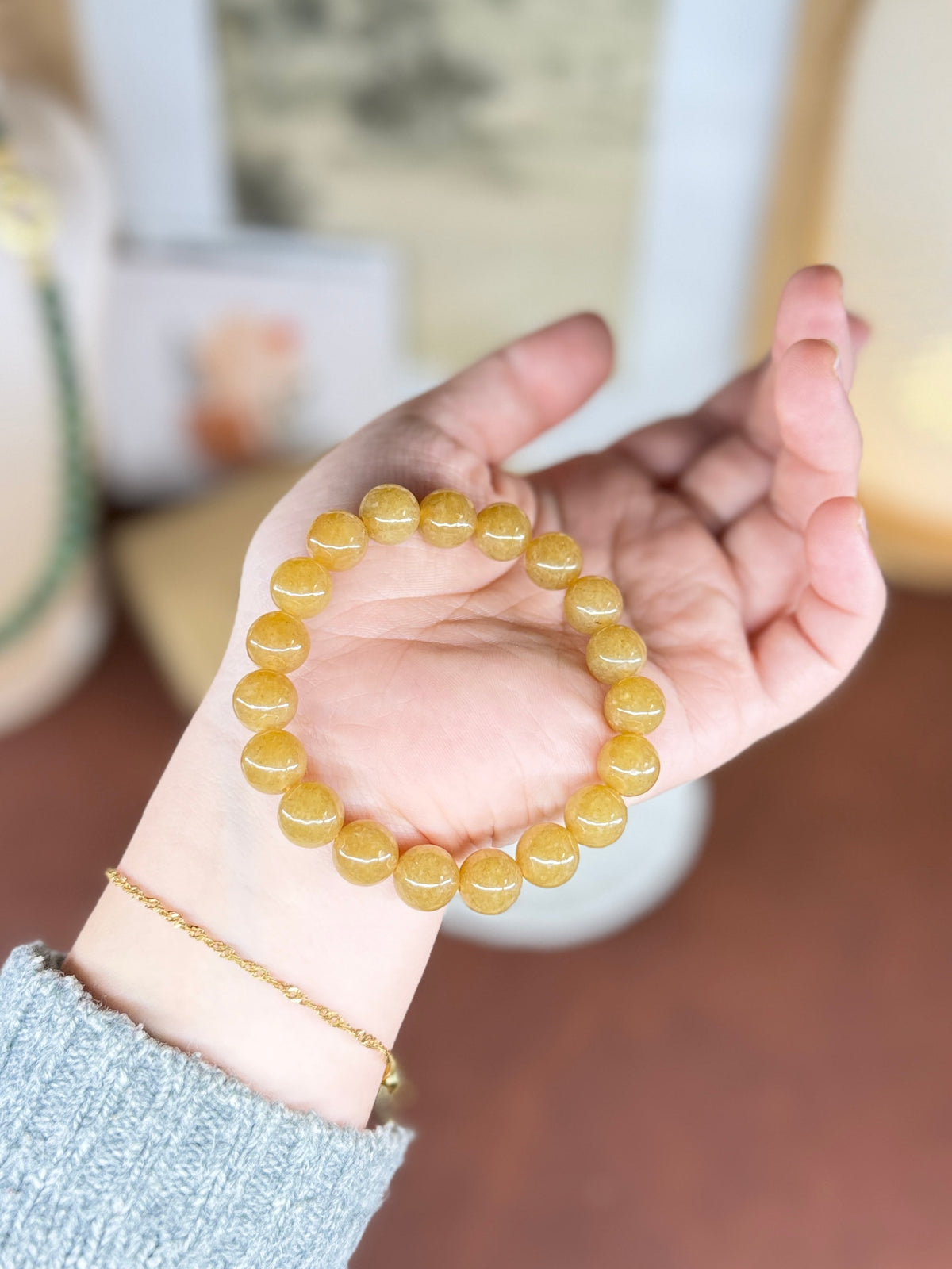 Yellow Sugar Jade Beaded Bracelet, Authentic Nephrite Jade