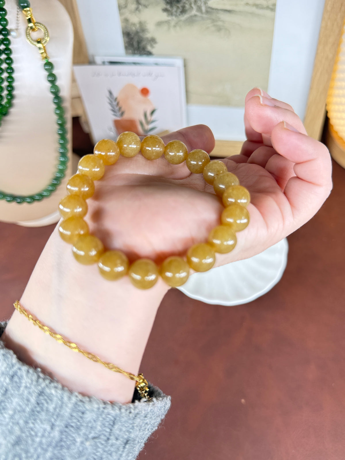 Yellow Sugar Jade Beaded Bracelet, Authentic Nephrite Jade