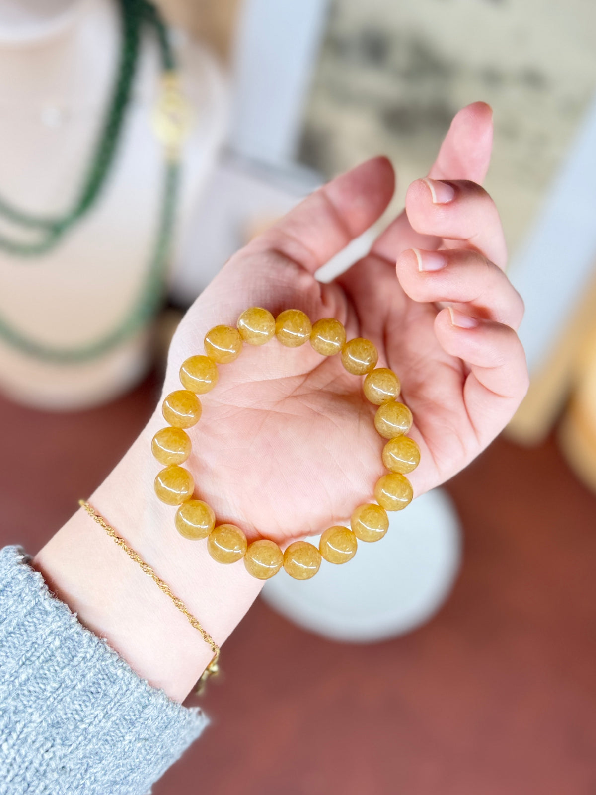 Yellow Sugar Jade Beaded Bracelet, Authentic Nephrite Jade