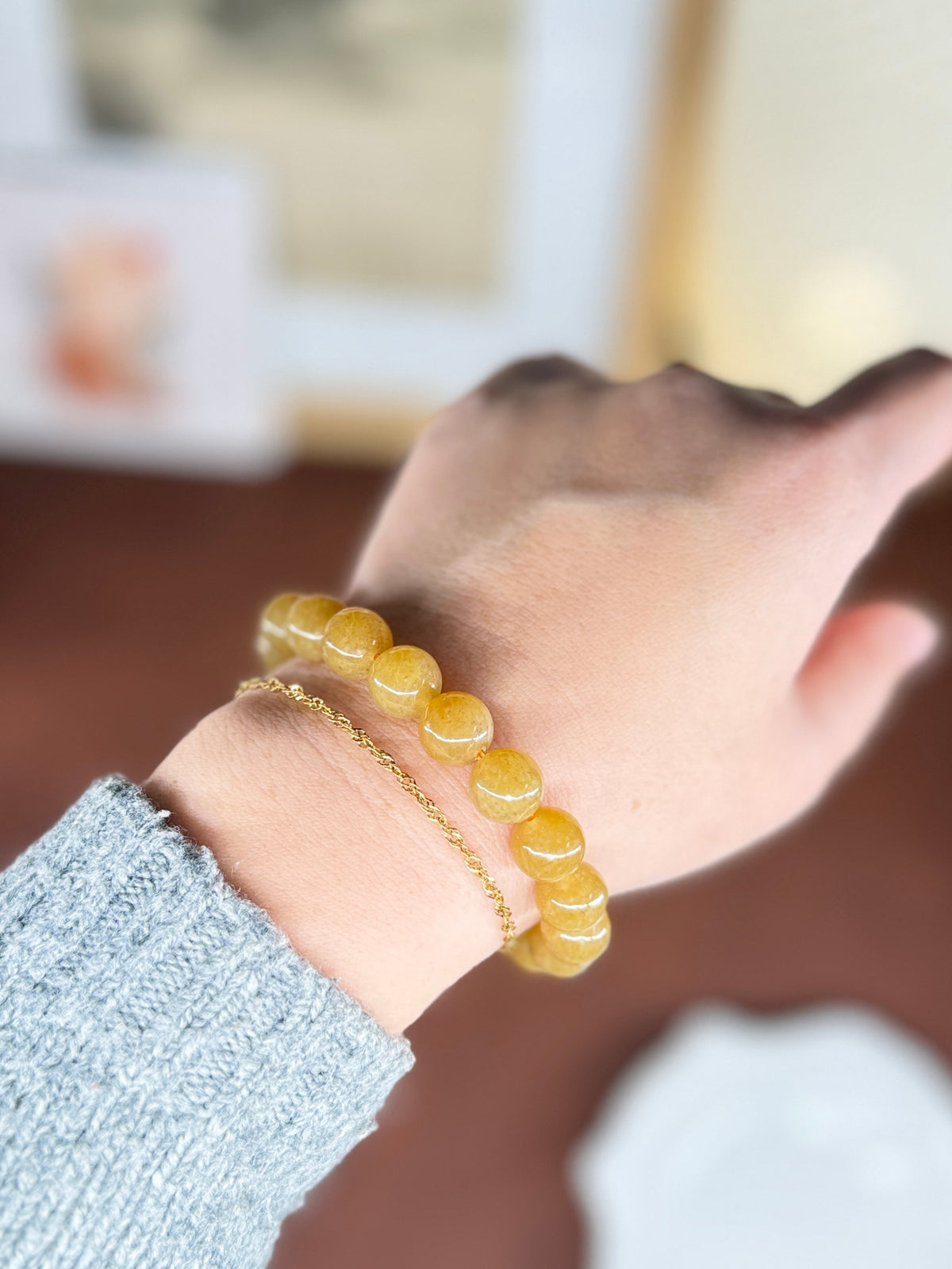 Yellow Sugar Jade Beaded Bracelet, Authentic Nephrite Jade