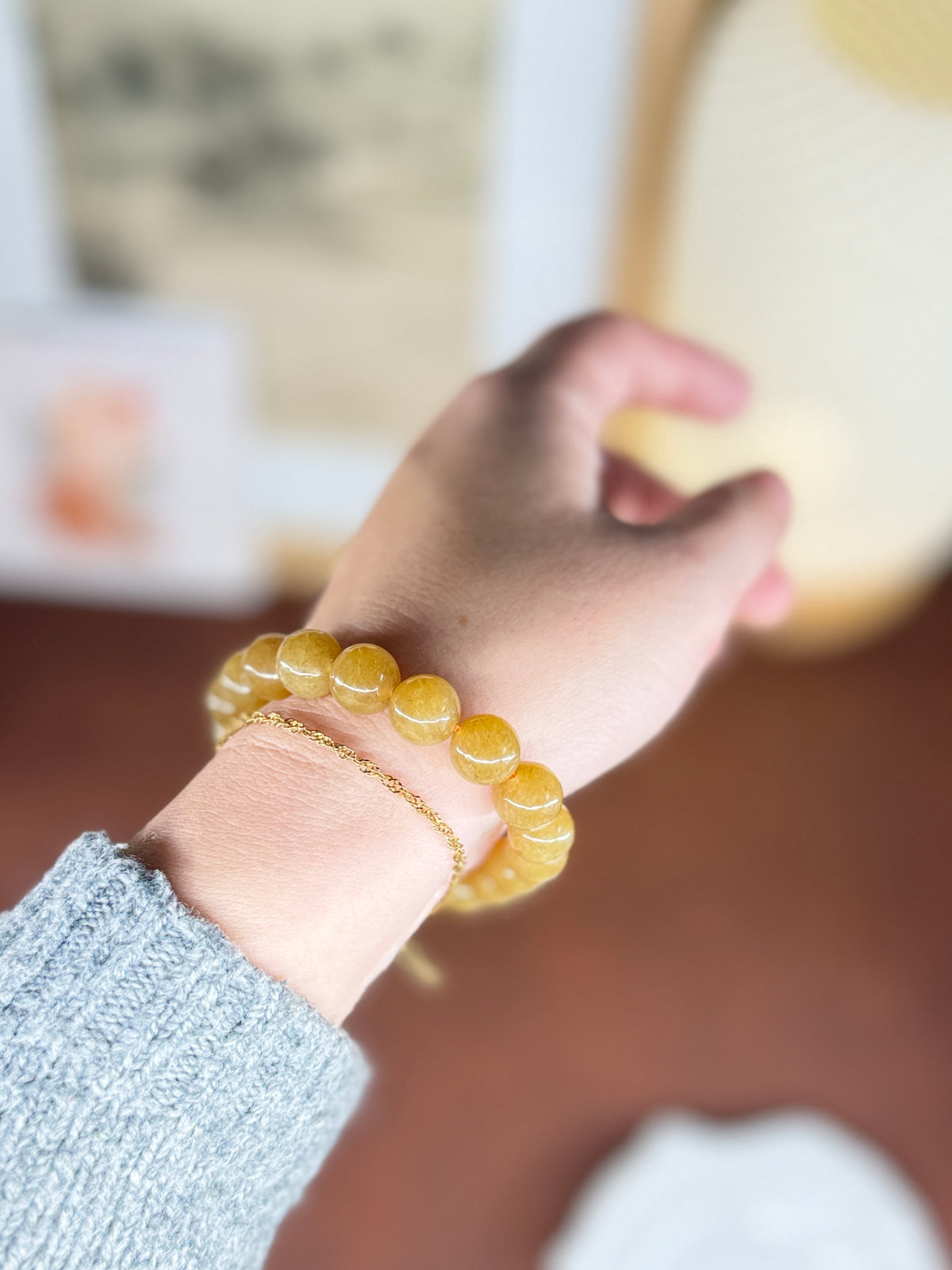 Yellow Sugar Jade Beaded Bracelet, Authentic Nephrite Jade