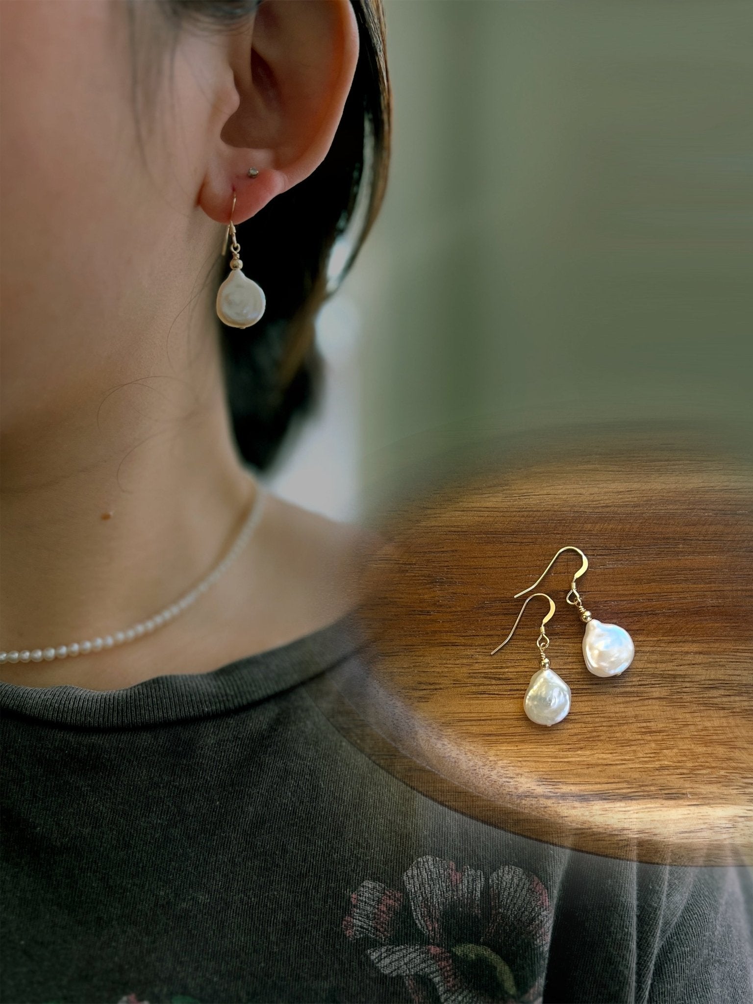 Flat Coin Pearl Pendant Necklace, Fresh Water Pearl with Gold Filled Chain Shanali Jewelry