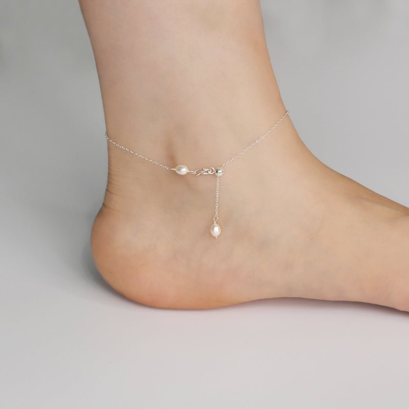 Freshwater Pearl Anklet with S925 Sterling Silver Chain, Dainty Wedding Anklet