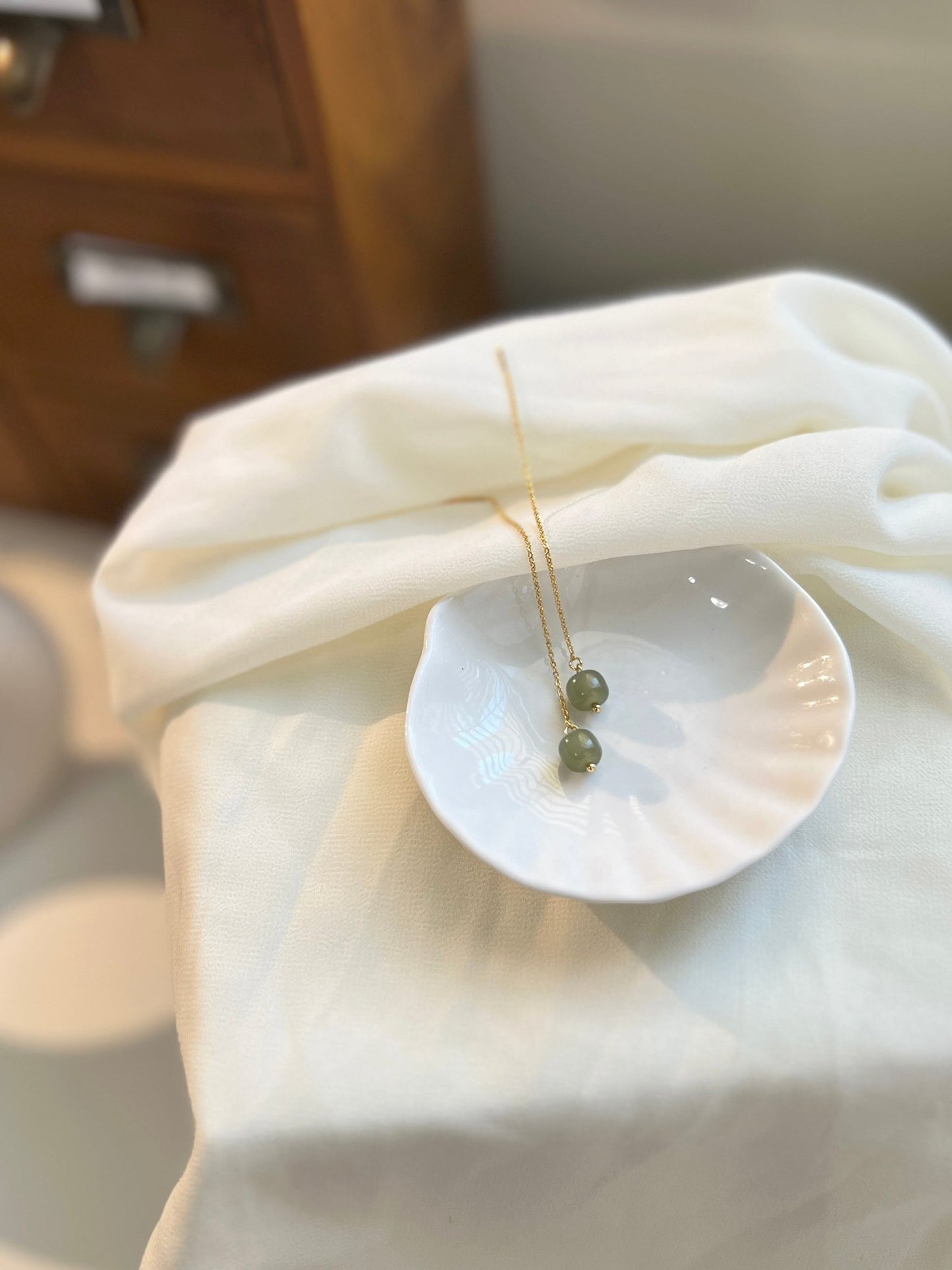 Natural Jade Long Drop Earrings Pull Up Threader (Silver/ Gold Plated/ Gold Filled)