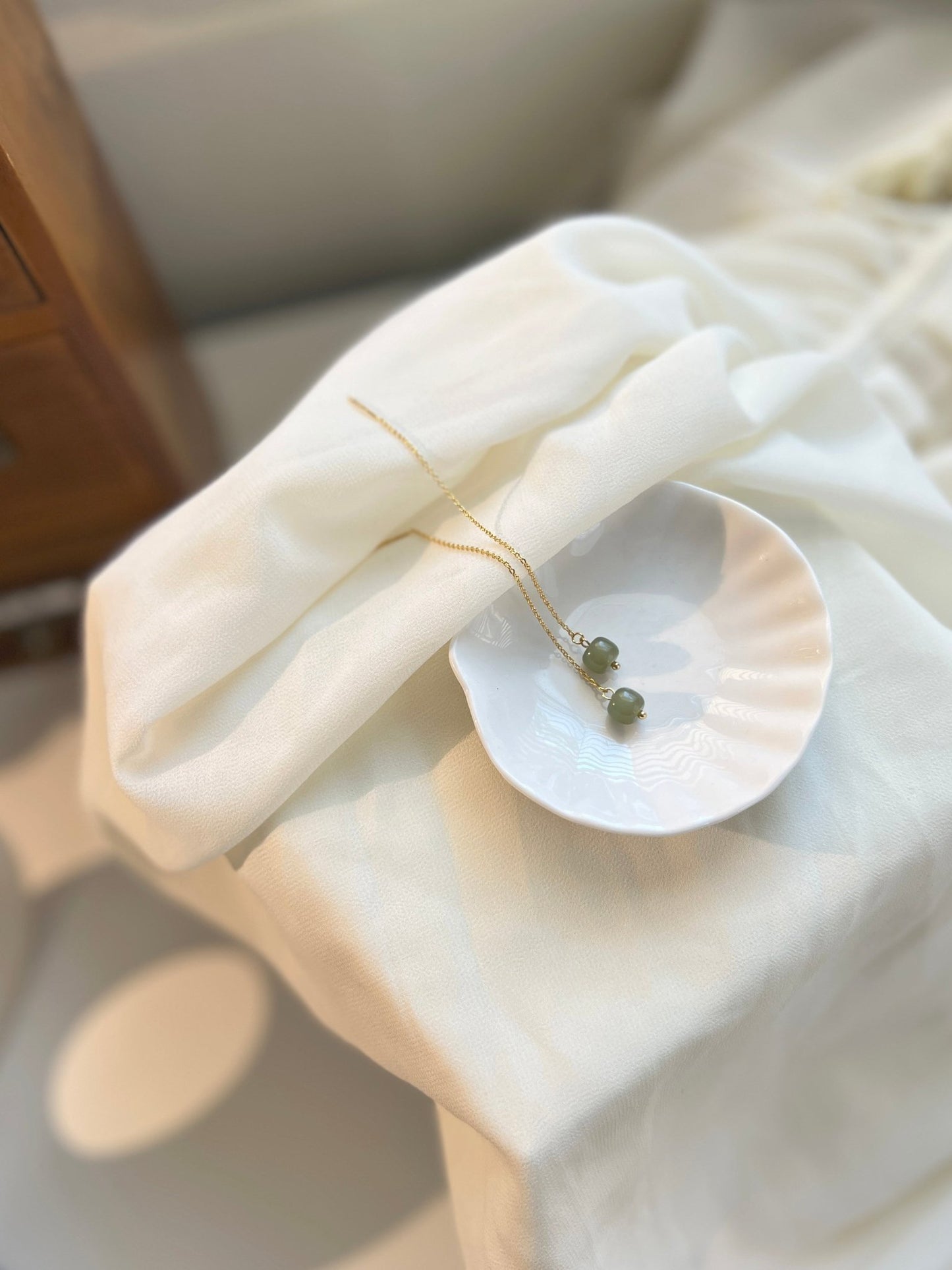 Natural Jade Long Drop Earrings Pull Up Threader (Silver/ Gold Plated/ Gold Filled)