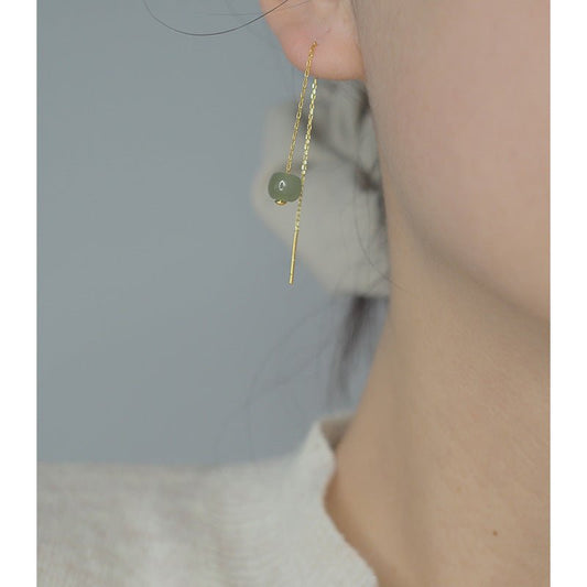 Natural Jade Long Drop Earrings Pull Up Threader (Silver/ Gold Plated/ Gold Filled)