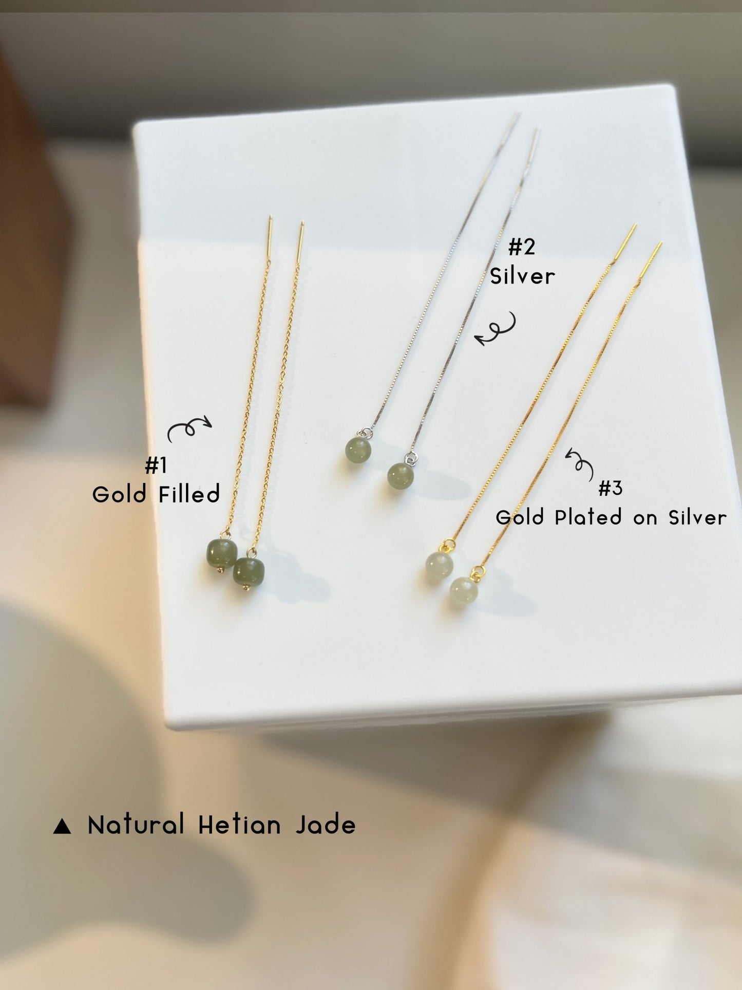 Natural Jade Long Drop Earrings Pull Up Threader (Silver/ Gold Plated/ Gold Filled)